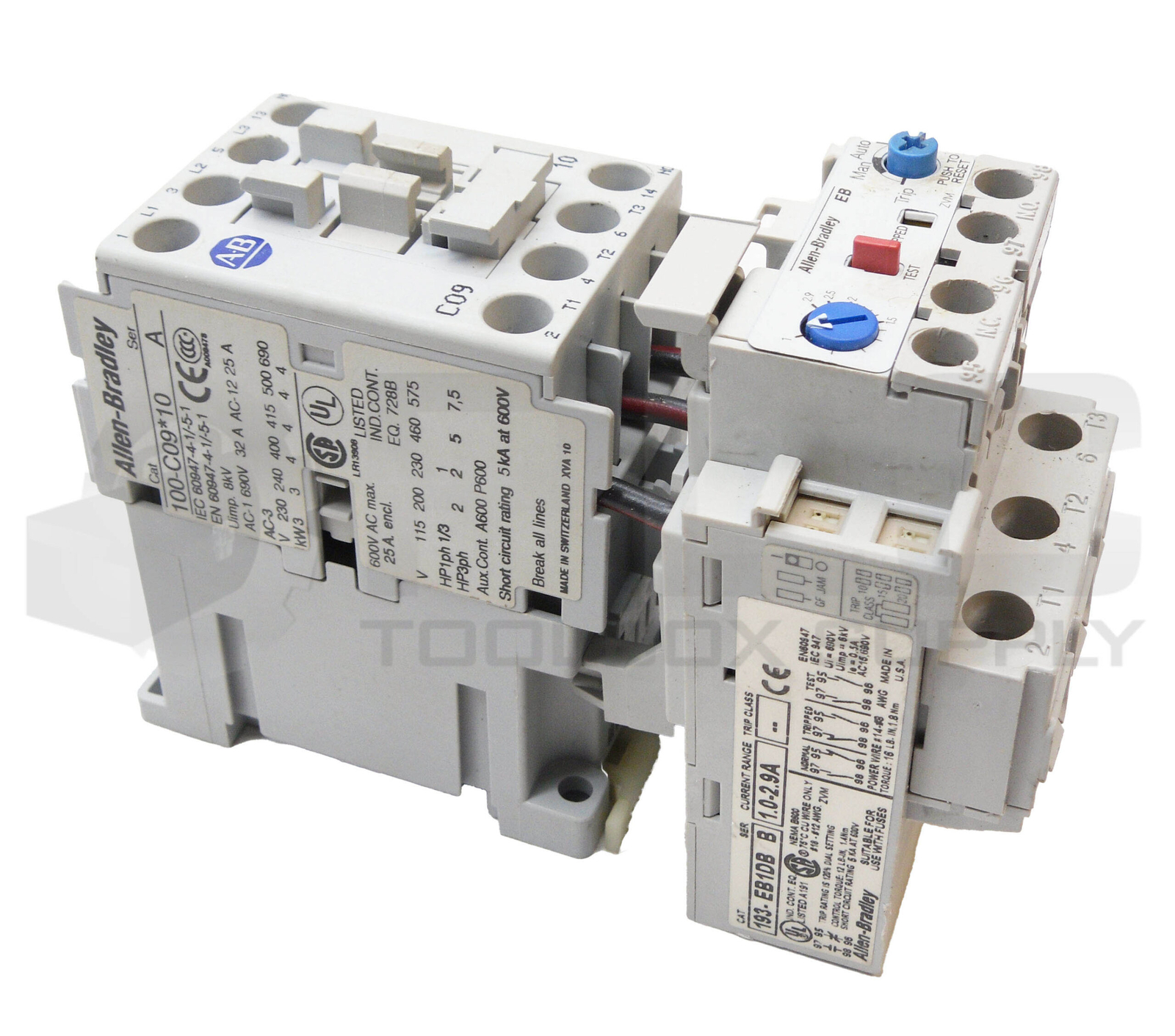 ALLEN BRADLEY 100-C09*10 /A CONTACTOR 600VAC 25A W/ 193-EB1DB /B OVERLOAD RELAY