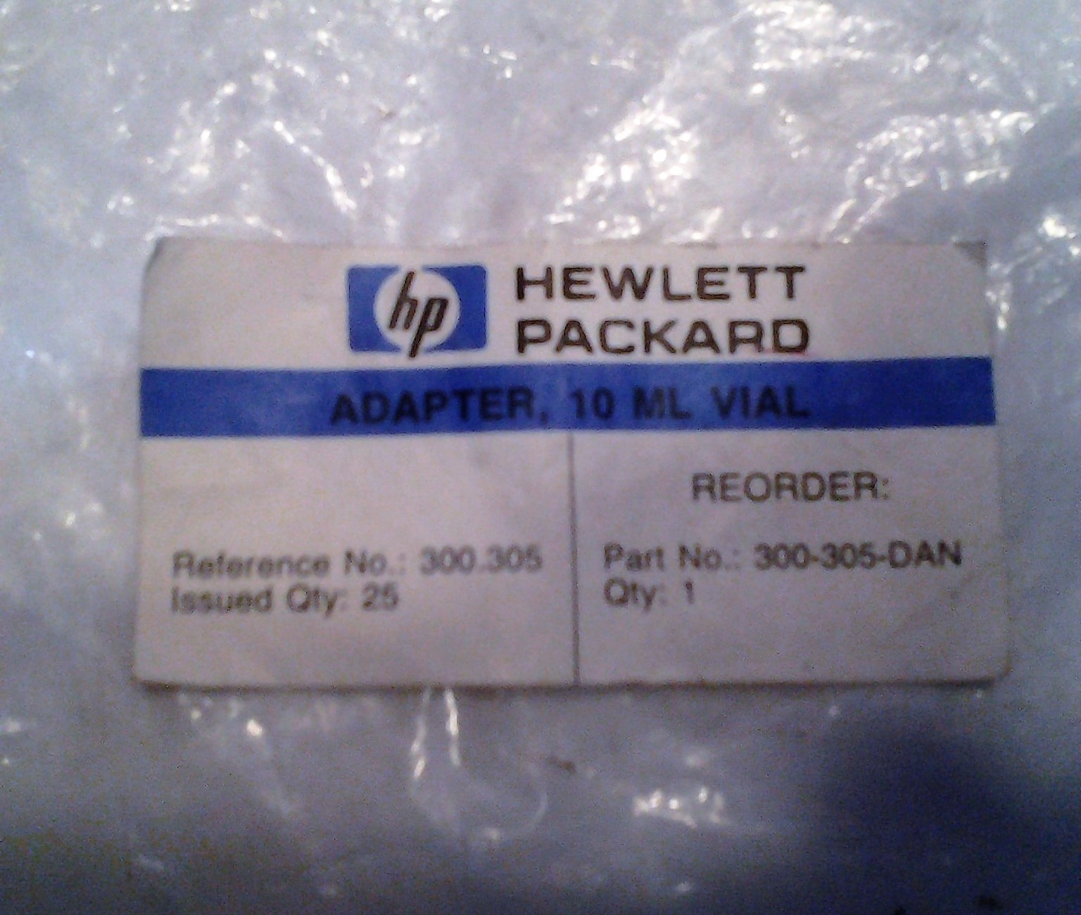 HP Autosampler 10 ML Vial Adapters, 25 Pack, Ref. No. 300.305, PN: 300-305-DAN