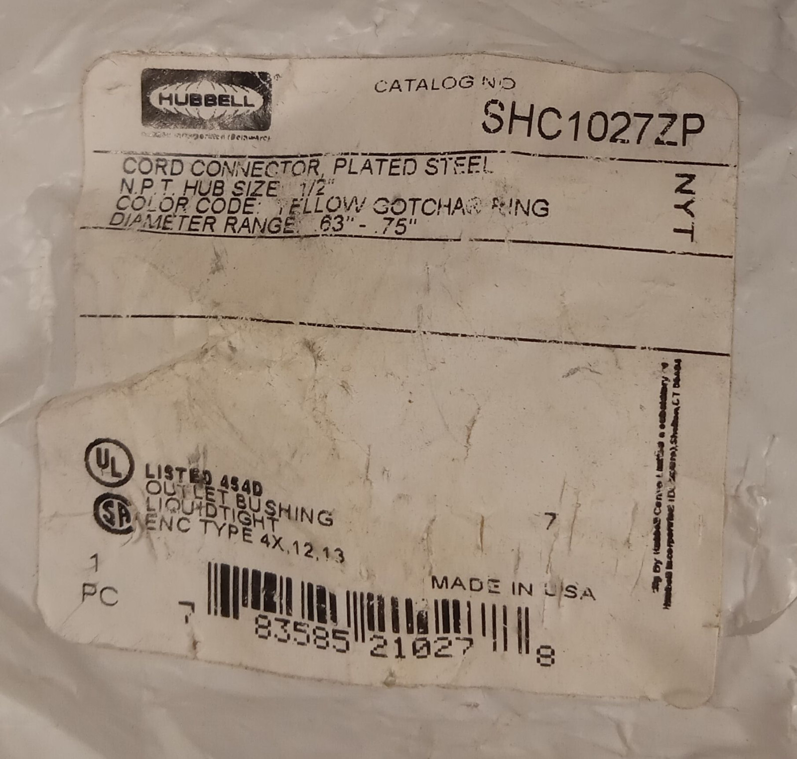 1 NEW HUBBELL SHC1027ZP CORD CONNECTOR, PLATED STEEL 1/2” NIB ***MAKE OFFER***