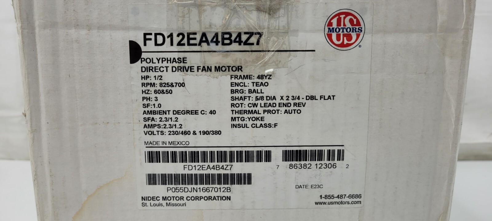 US MOTORS NIDEC FD12EA4B4Z7 Polyphase Direct Drive Fan Motor 1/2 HP 825 RPM