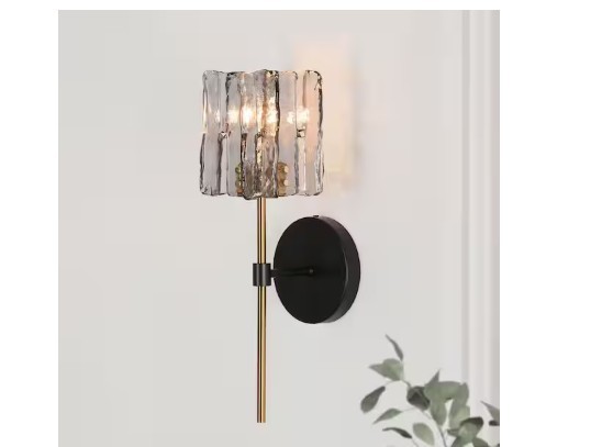 LNC Matte Black 1-Lt Modern Glam Sconce Brass w/ Square Gray Textured Glass