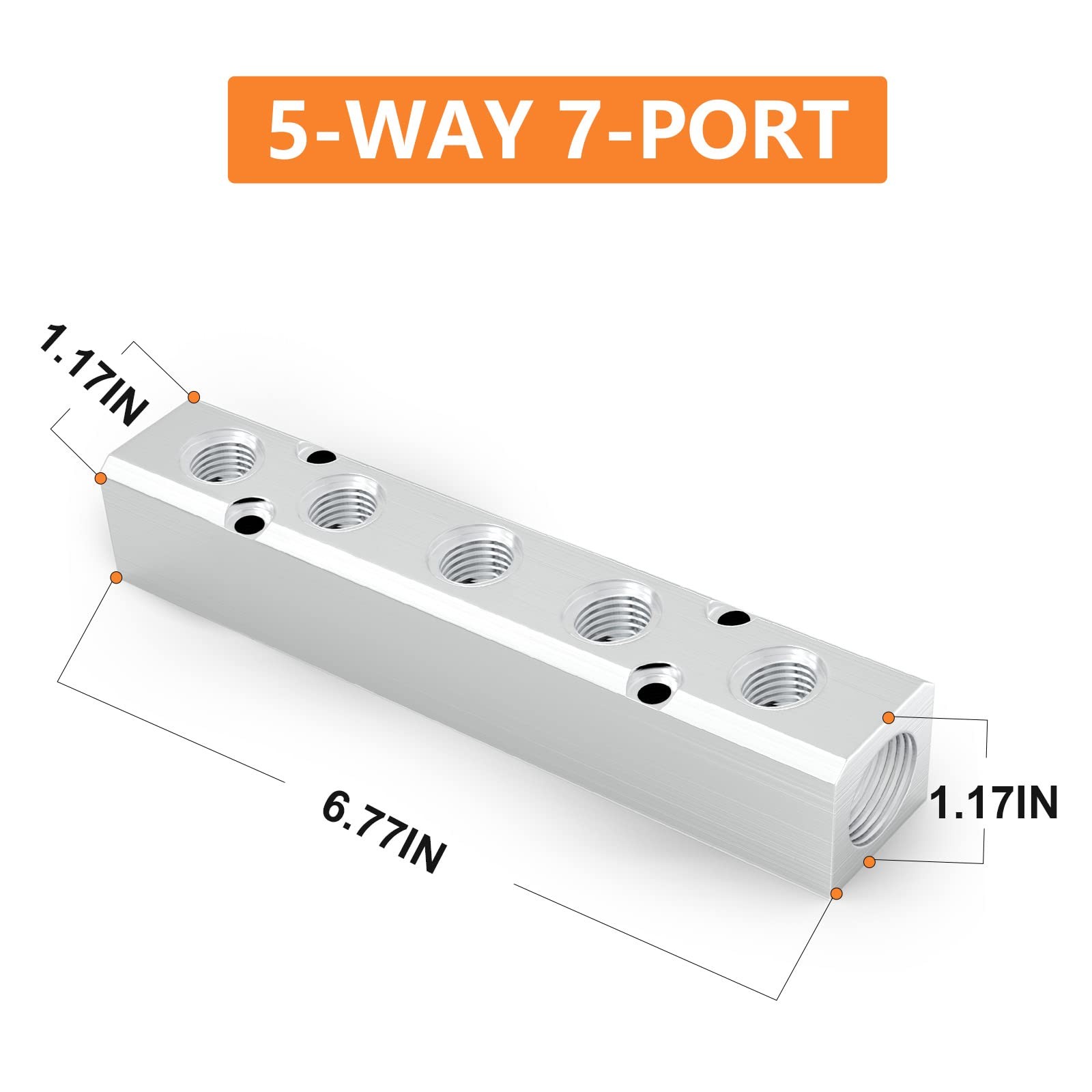 1PCS Aluminum 5 Way 7 Port Pneumatic Manifold, 1/4 Output, 1/2 Supply Port