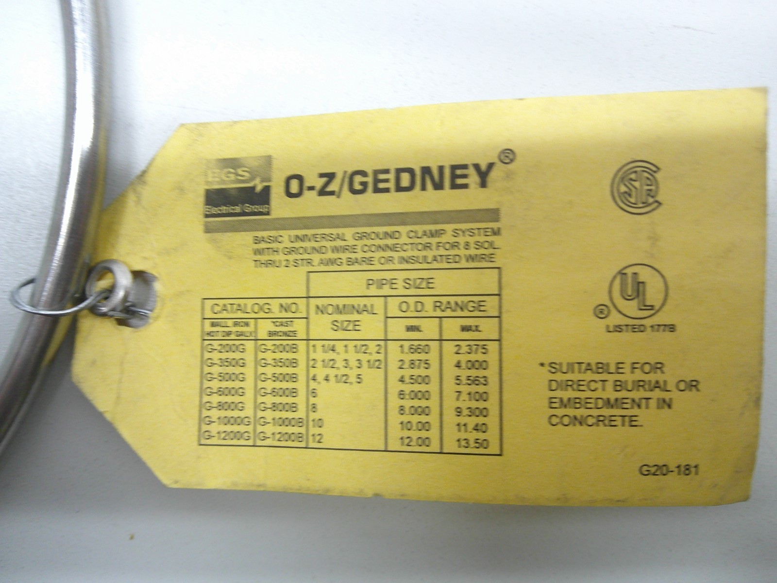 O-Z/Gedney G-600G Universal Ground Clamp 8 3/8″