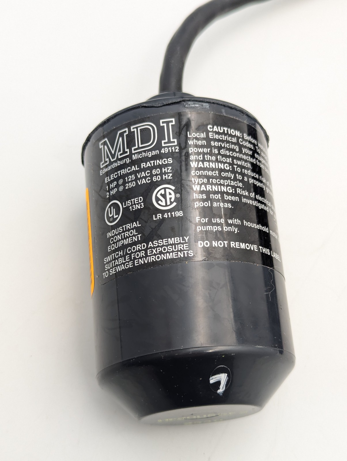 MDI Industrial Float Switch Type H | Switch and Cord Assembly | Black