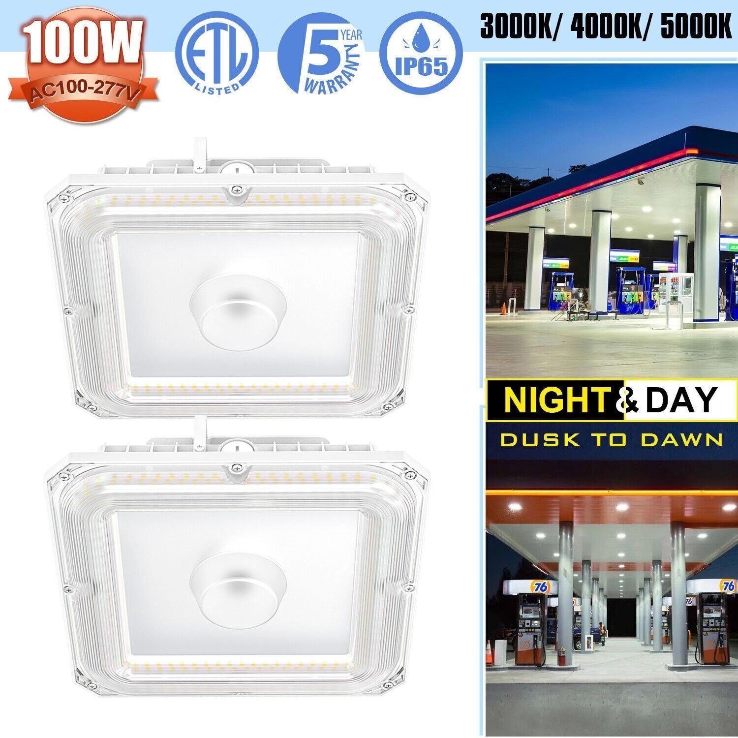 2 PACK 100W LED Canopy Gas Station Light Fixture Dusk-to-Dawn 4500K/5000K/5700K