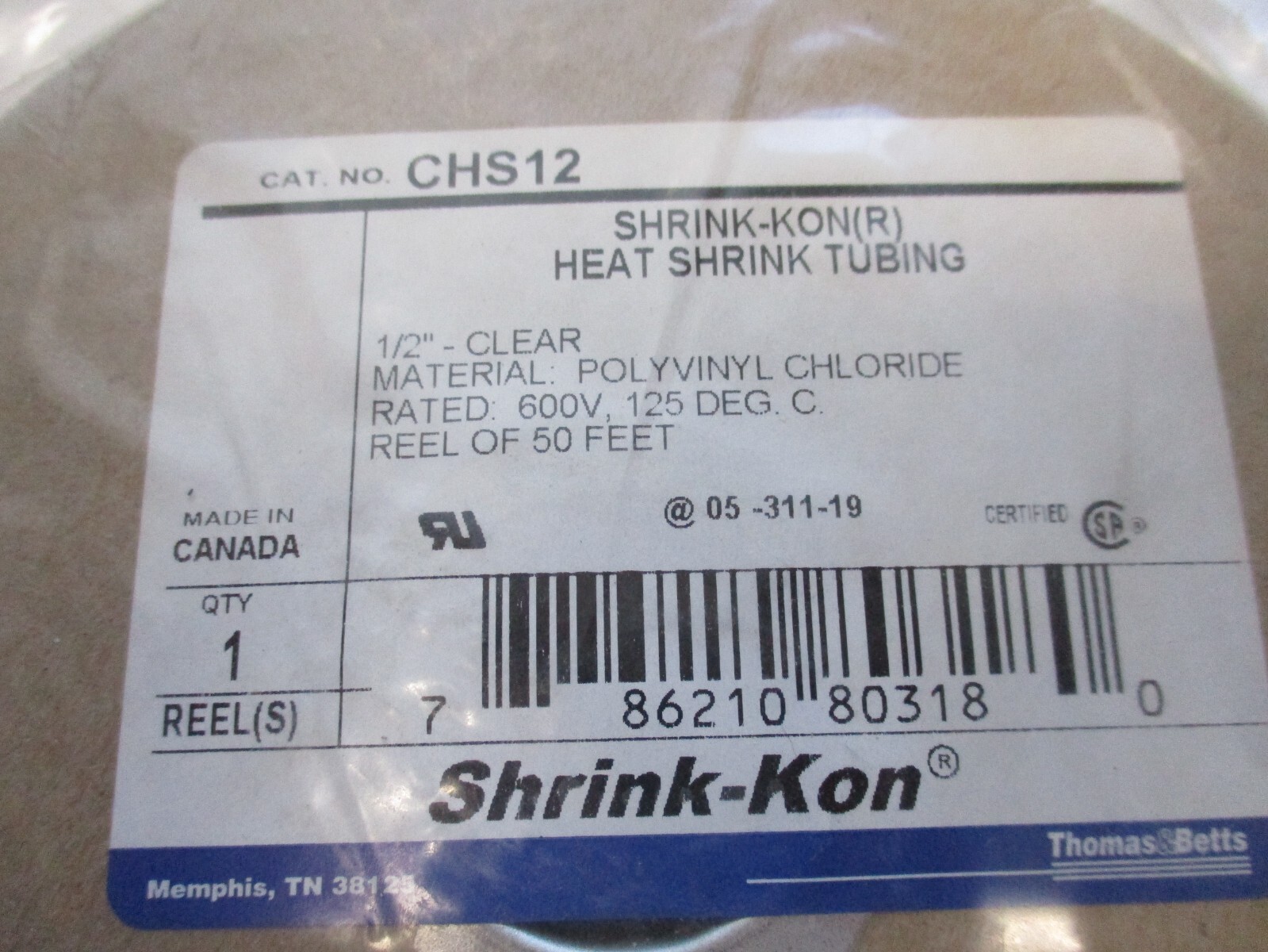 SHRINK-KON, T&B, CAT# CHS12, HEAT SHRINK TUBING, 1/2 CLEAR X 50 600V 125*C.