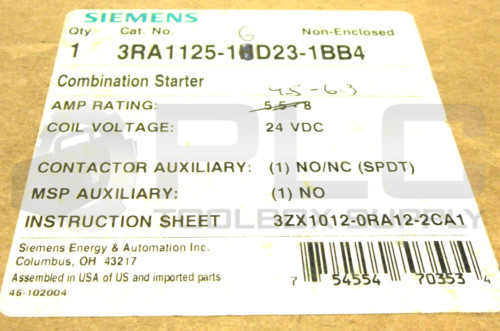 NEW SIEMENS 3RA1125-1GD23-1BB4 COMBINATION STARTER WITH 3RV1021-1GA10