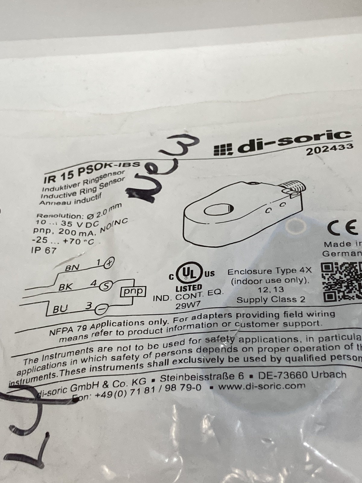DI-SORIC IR 15 PSOK-IBS INDUCTIVE RING SENSOR 10-35VDC NO/NC 200MA NIB