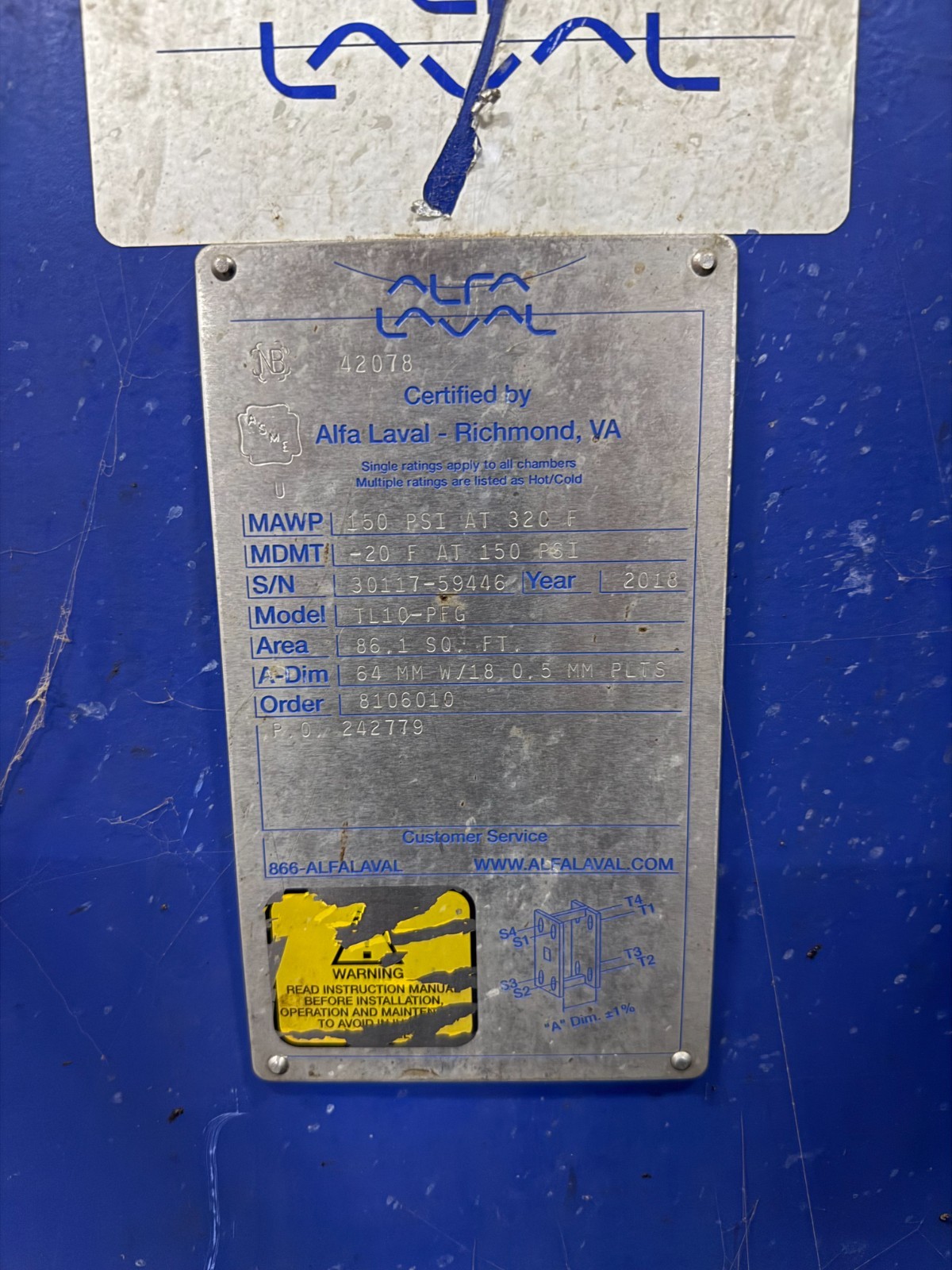 Alfa Laval Plate Heat Exchanger S/N 30117-59446 Model TL10-PFG Year 2018