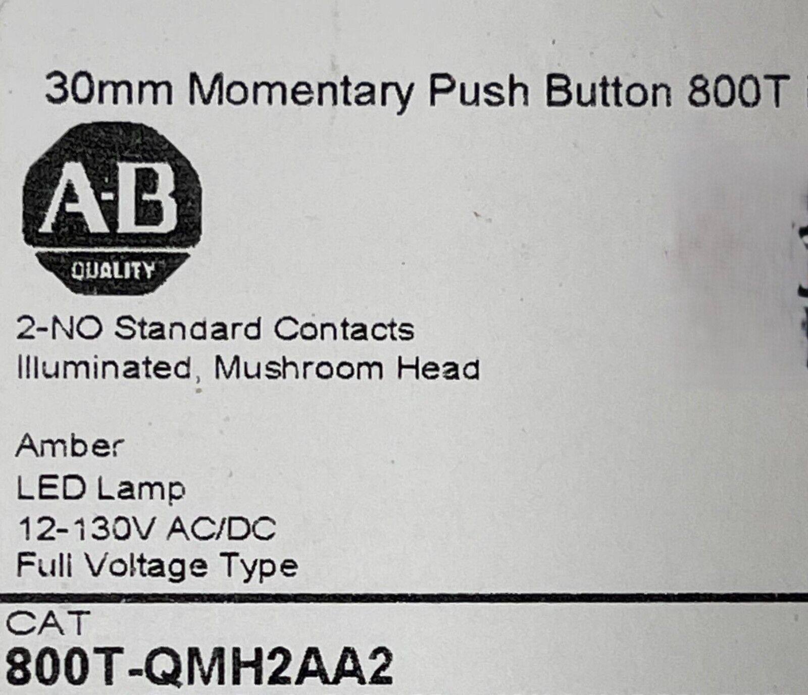 New! Allen Bradley 800T-QMH2AA2 30mm Momentary Push Button Amber LED Mushroom HD