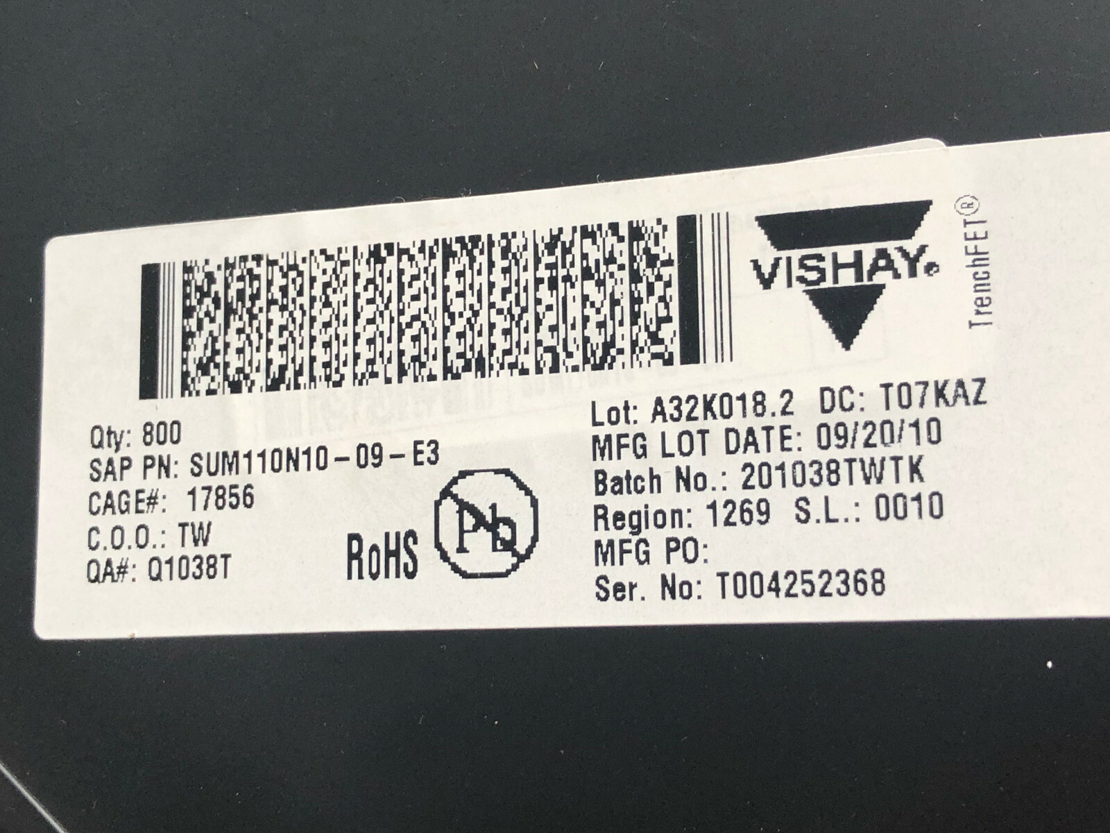 LOT 555 VISHAY SUM110N10-09-E3,TX24-04-EC1,N CHANNEL MOSFET,100V,110A TO-263,SL