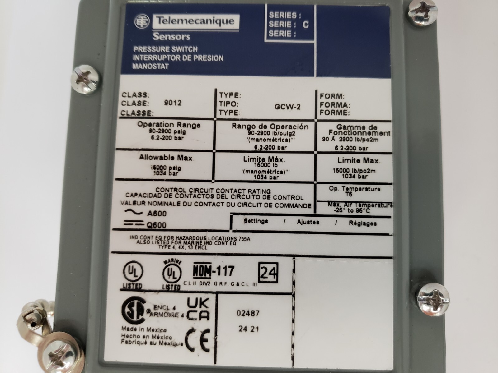 TELEMECANIQUE 9012 GCW-2 PRESSURE SWITCH SPDT SERIES C NNB