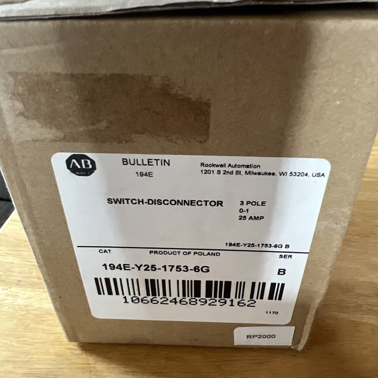 Allen Bradley – 194E-Y25-1753-6G – 25A – 3P Sealed IEC Load Switch New In Box