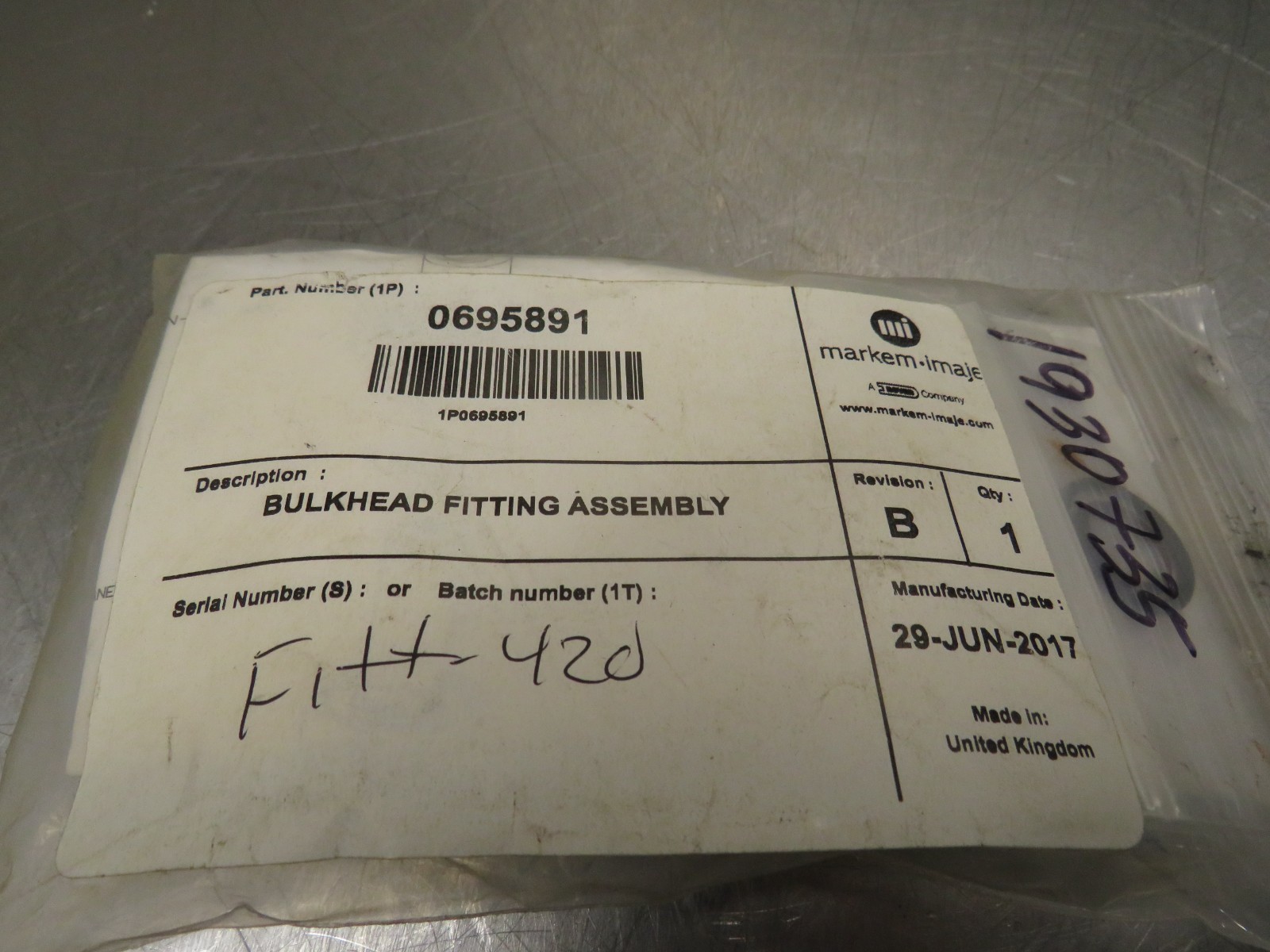 Markem 0695891 Bulkhead Fitting