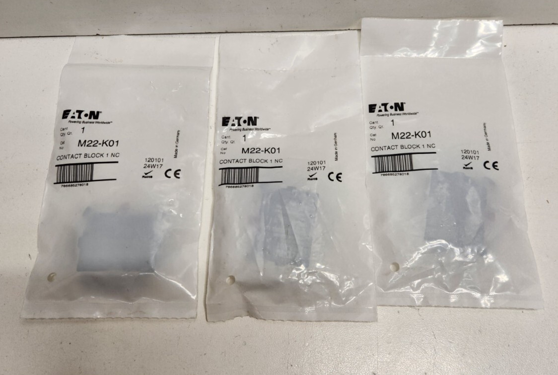LOT OF 3 NEW IN BAG! EATON 6A 500V 1N.C. CONTACT BLOCKS M22-K01