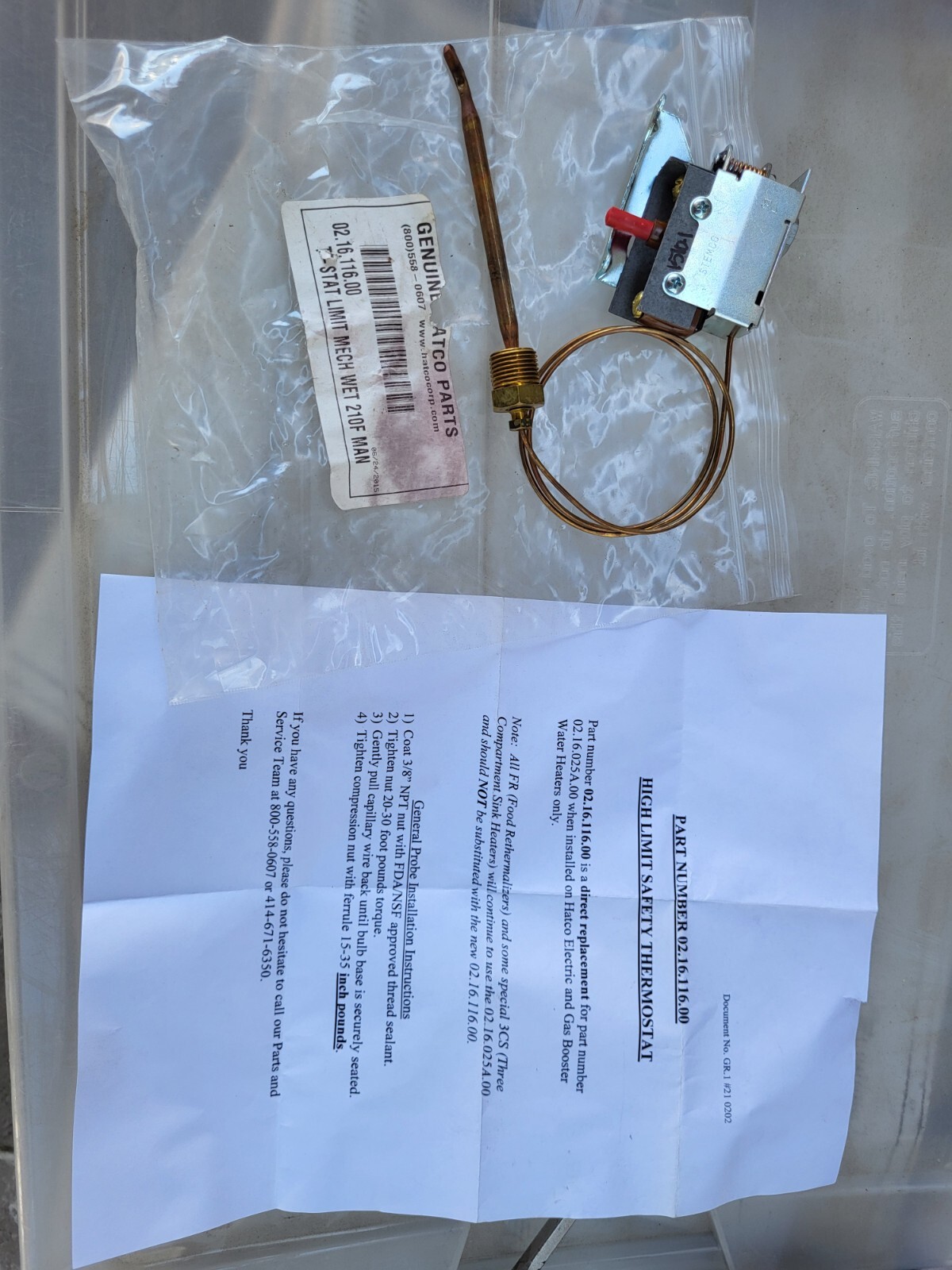 Hatco 02.16.116.00 HIGH LIMIT Thermostat