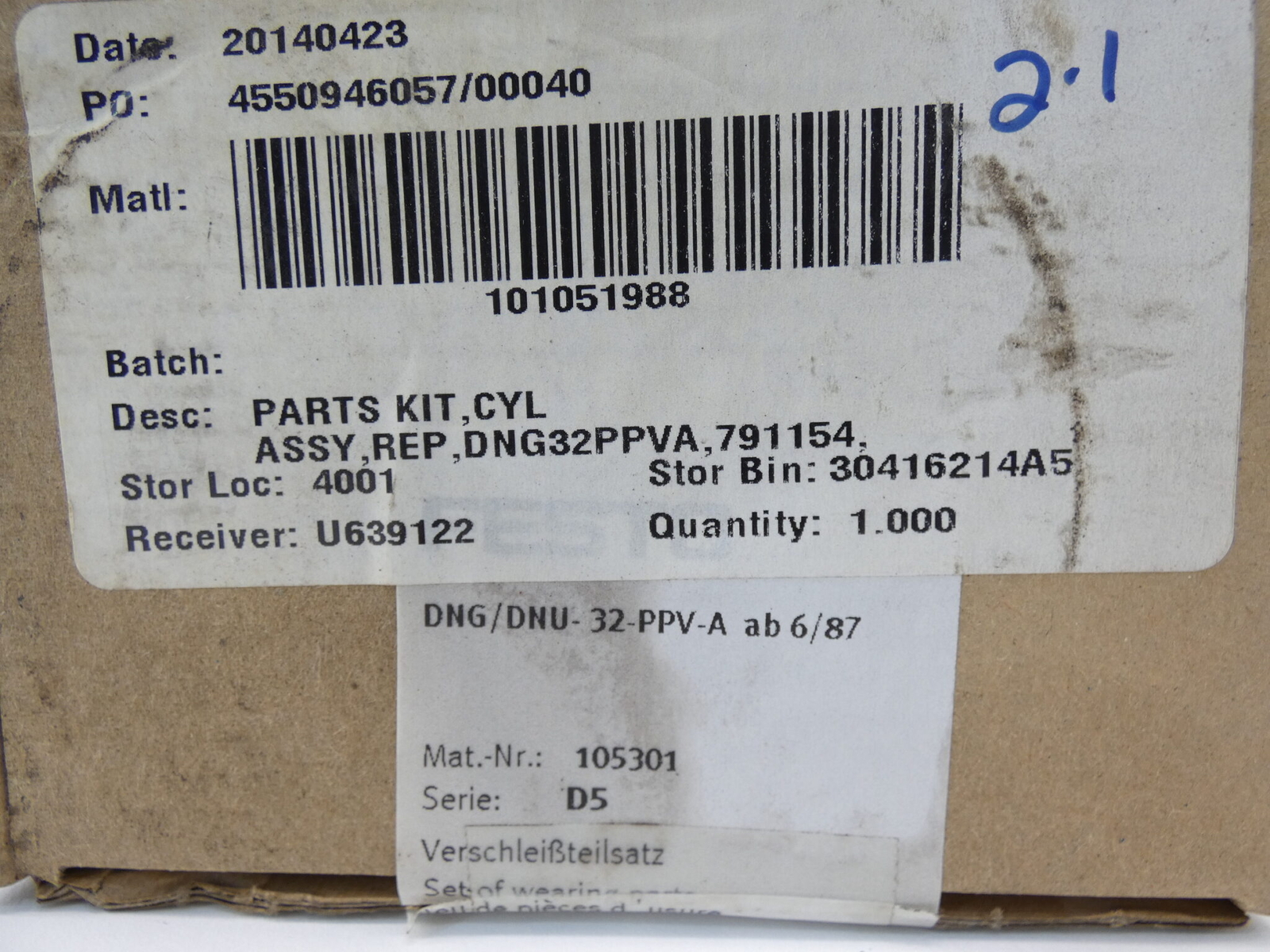 Festo 105301 Cylinder Parts Repair Kit DNG/DNU-32-PPV-A AB 6/87 – NEW Surplus!