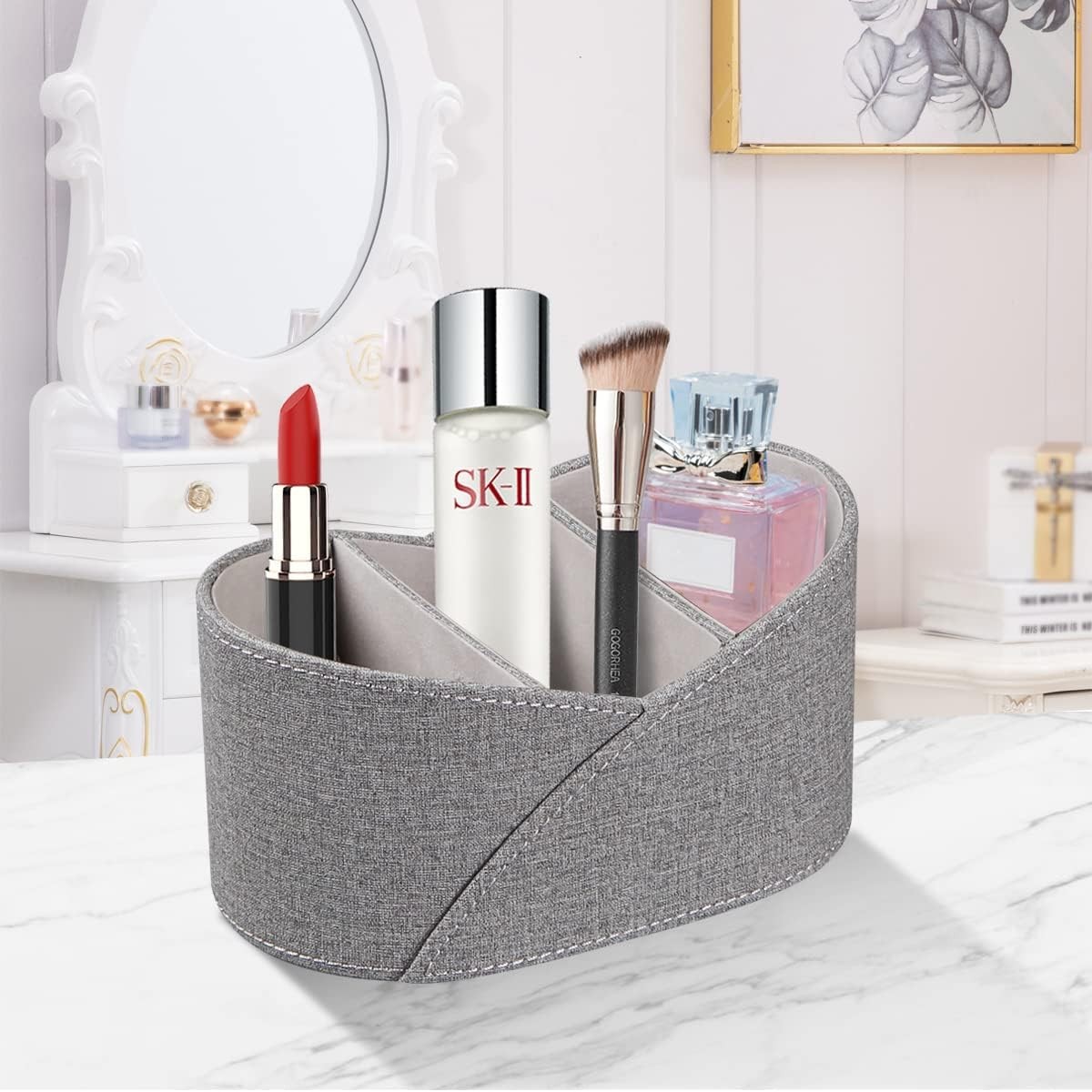 PU Leather Remote Control Holder with 3 Compartments, Remotes Holder, Grey