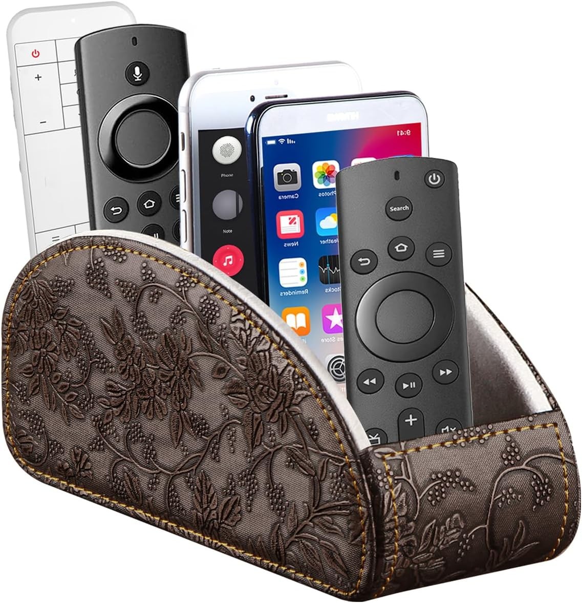 TV Remote Control Holder with 5 Compartments,Pu Leather Large, Antique Flower