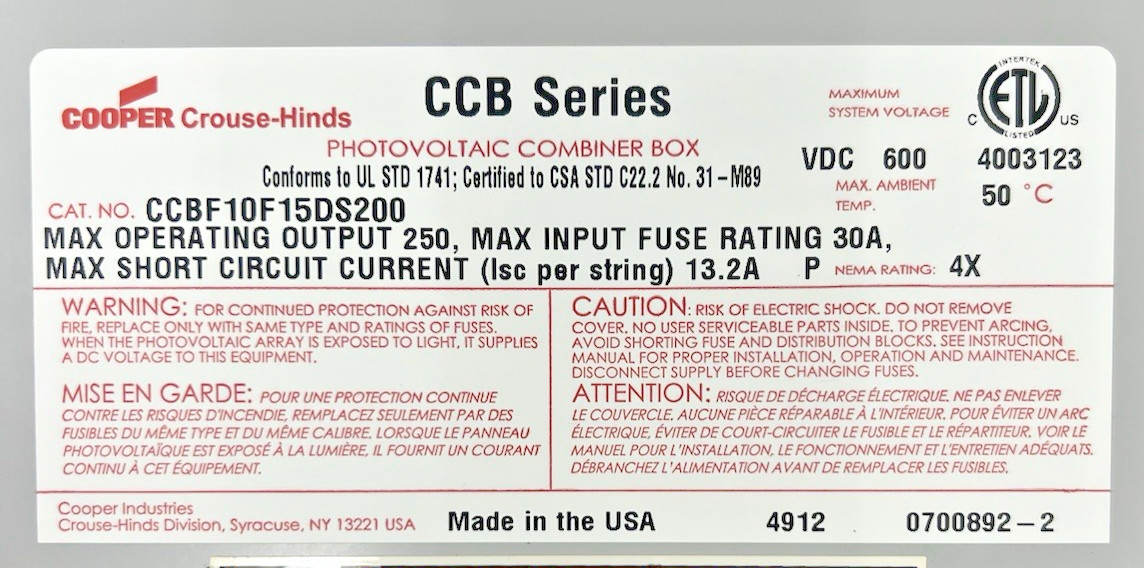 Crouse Hinds CCBF10F15DS200 10 String Photovoltaic Combiner Box CCBF10 F15 DS200