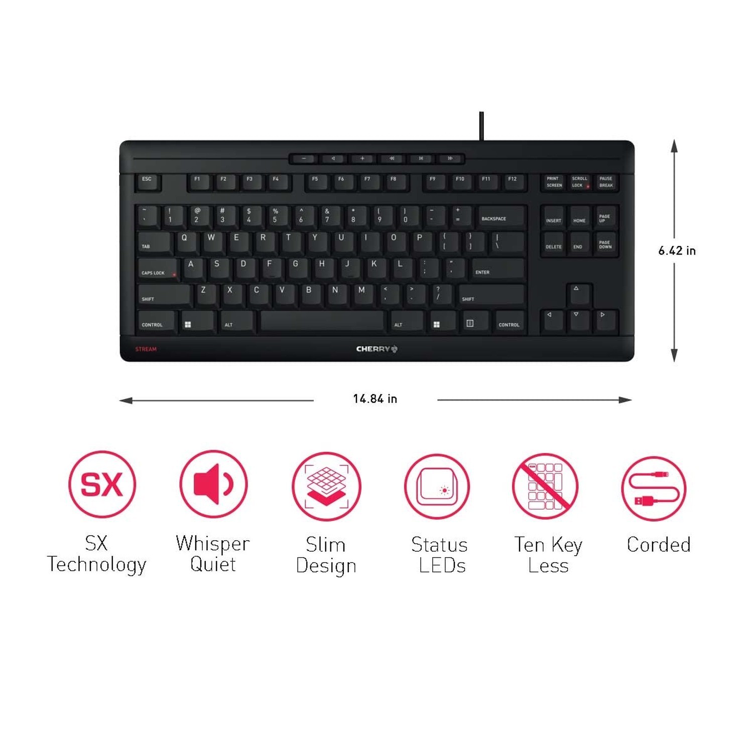 Cherry Stream Keyboard TKL, Wired Keyboard Without Number Pad, Whisper Quiet …