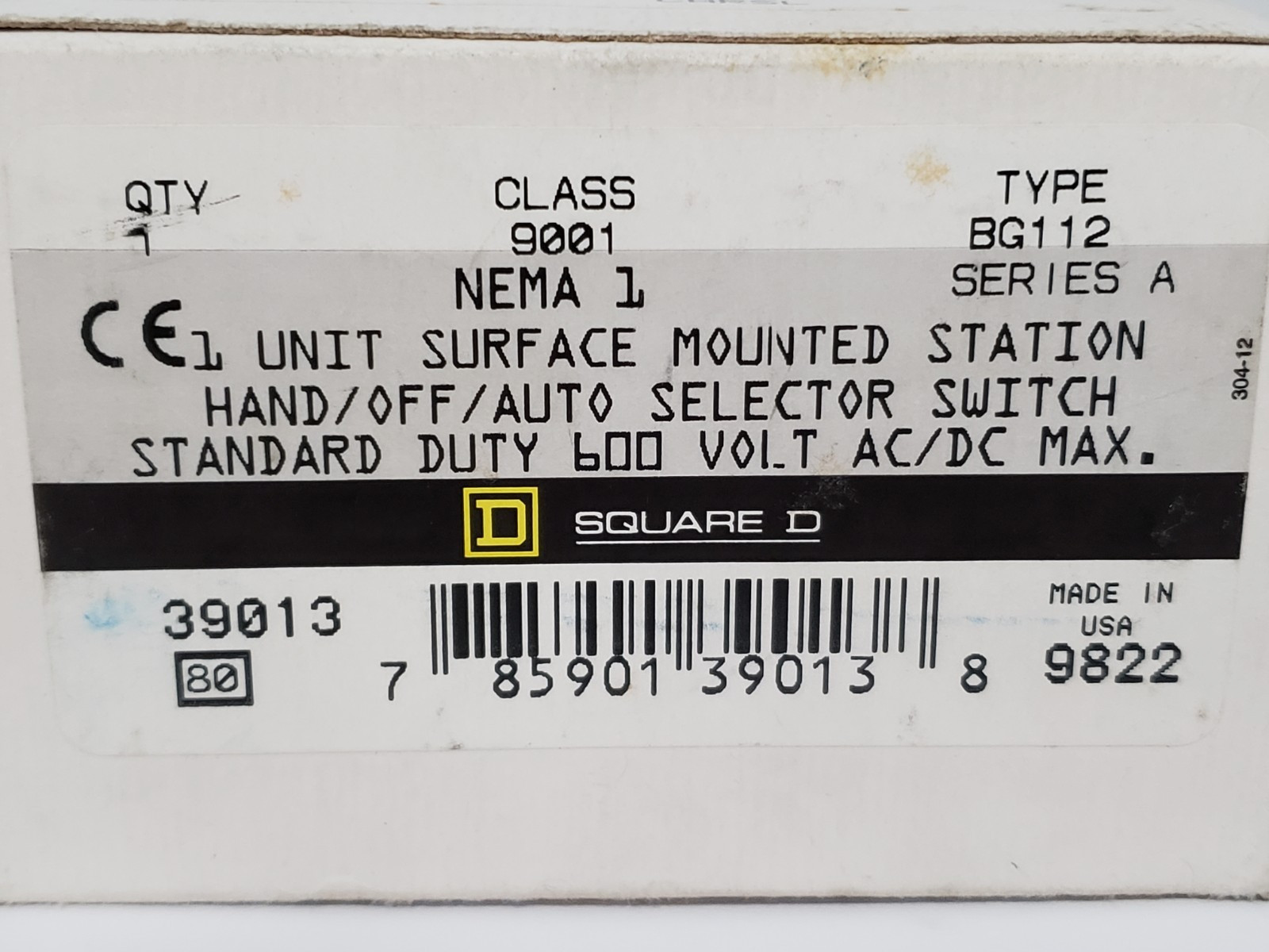 SQUARE D 9001-BG112 PUSHBUTTON CONTROL STATION HAND/OFF/AUTO SERIES A NIB