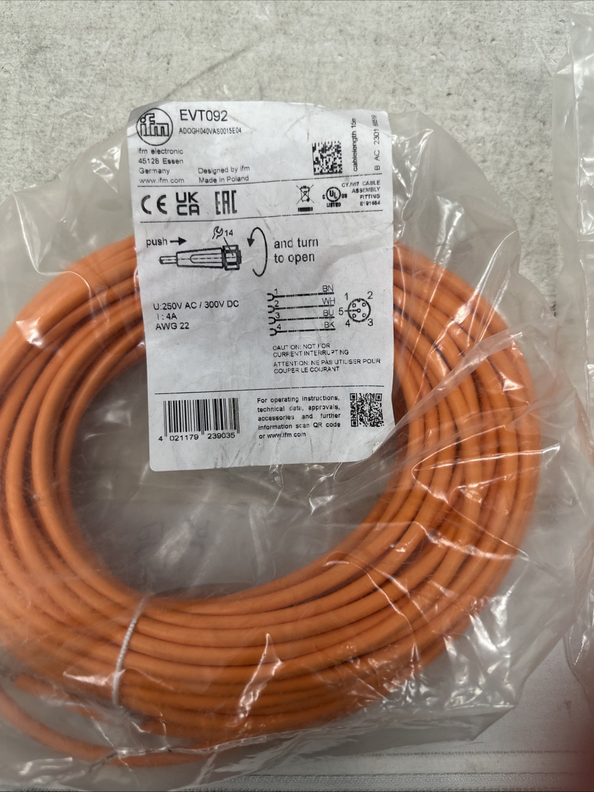 IFM Efector EVT092/ ADOGH040VAS0015E04 Cable STOCK H373A