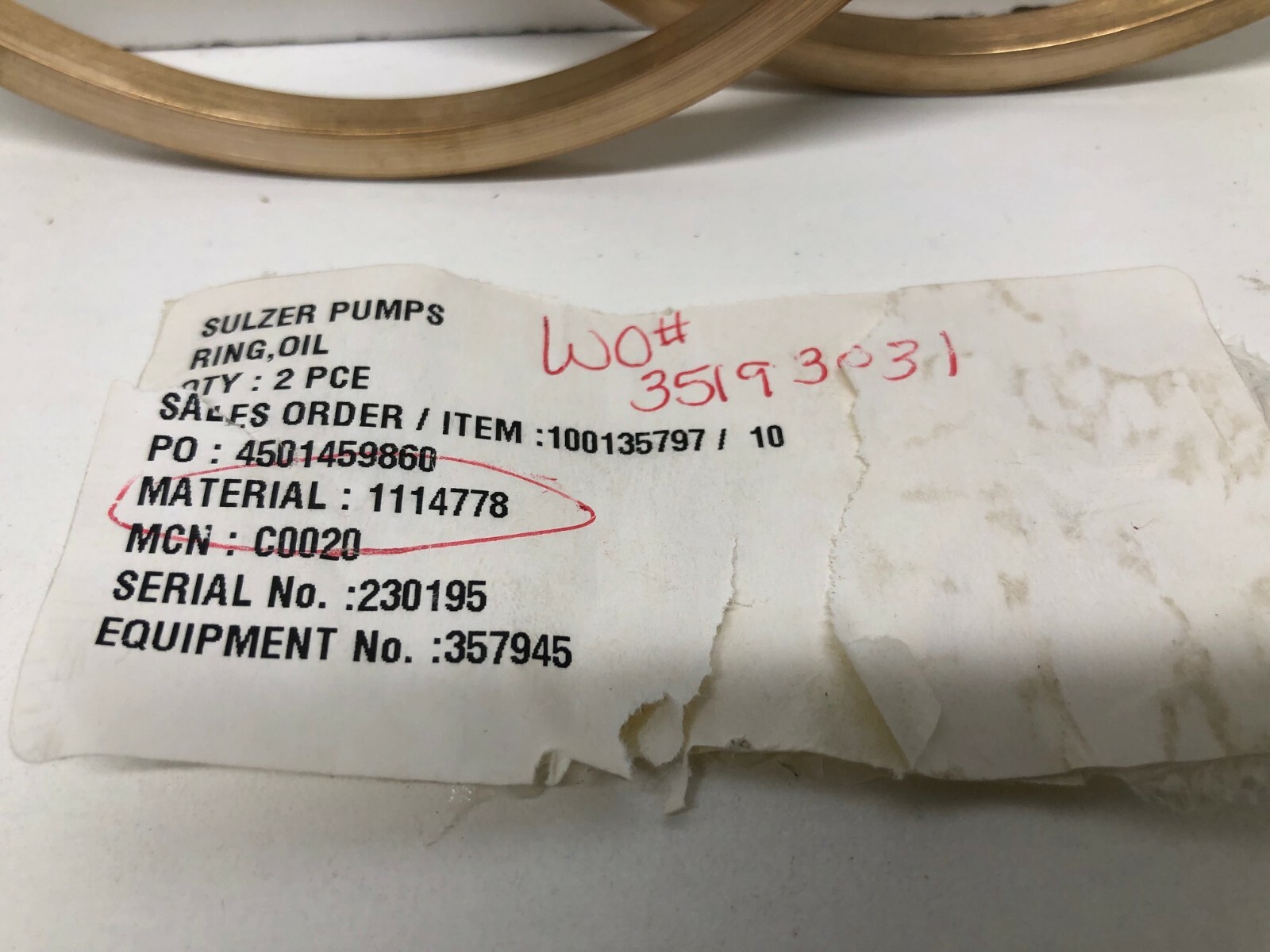 2 NEW OLD STOCK! SULZER PUMPS OIL RINGS 100135797 / 10 1114778 10652114
