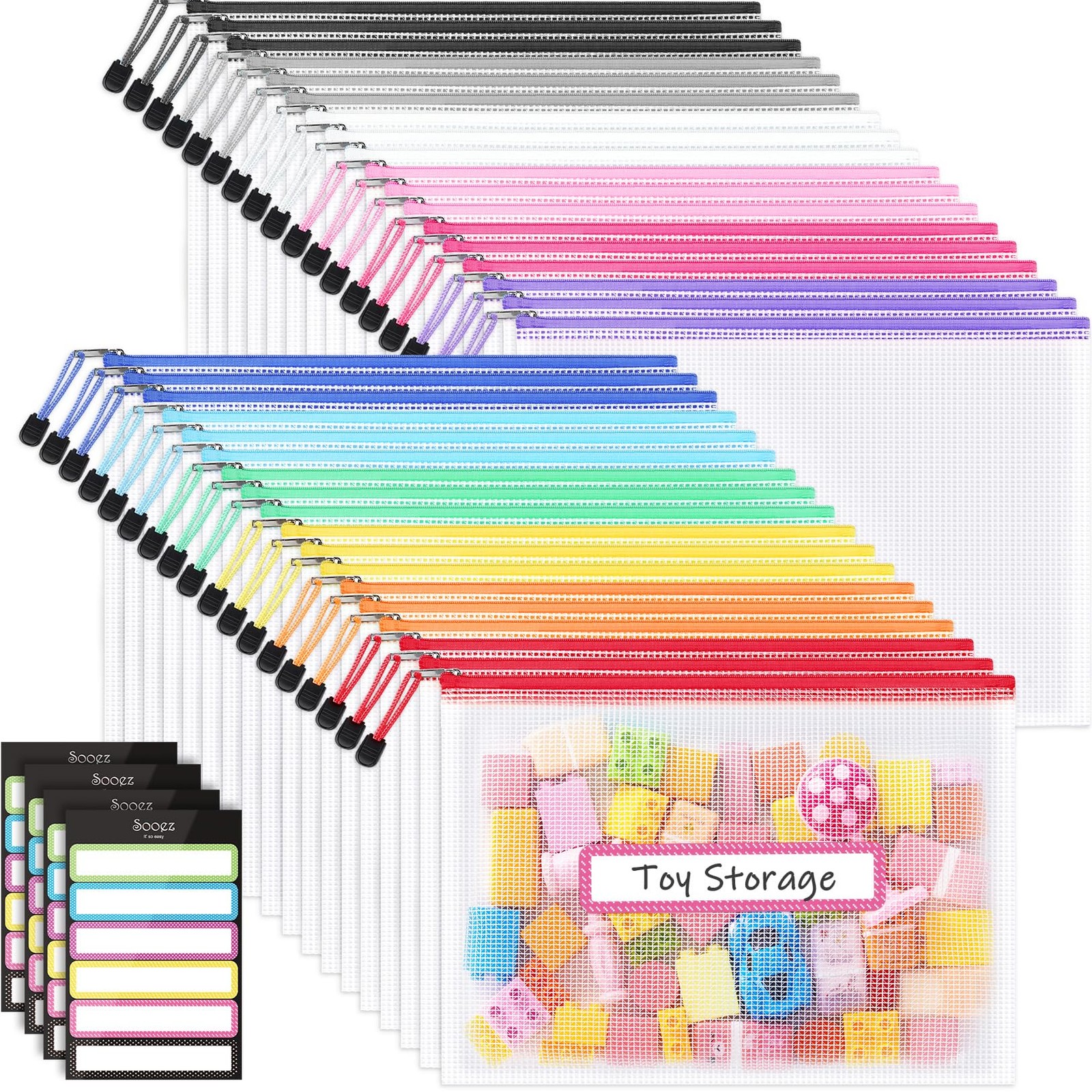 Sooez 36 Pack Mesh Zipper Pouch with Sticky Labels, A4 36Pack, Multicolored