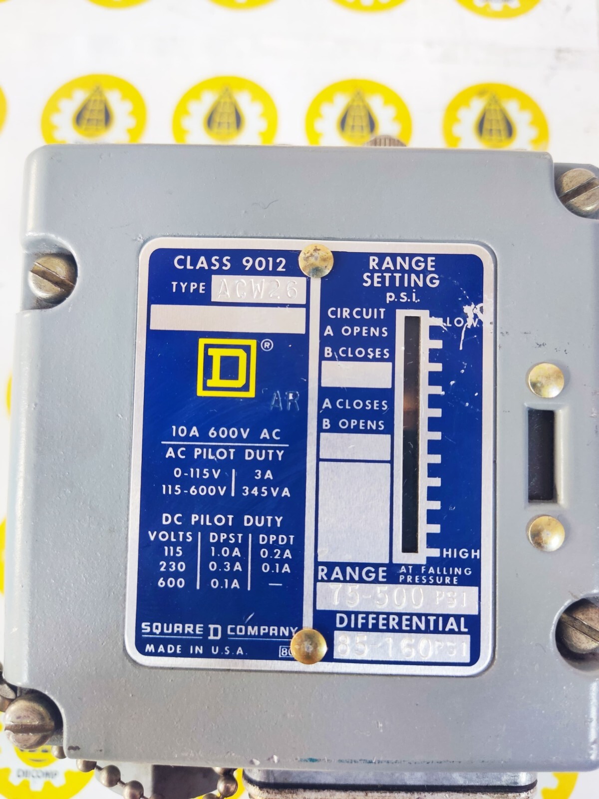 Square D ACW26 PRESSURE SWITCH CLASS 9012 FORM ACW-26