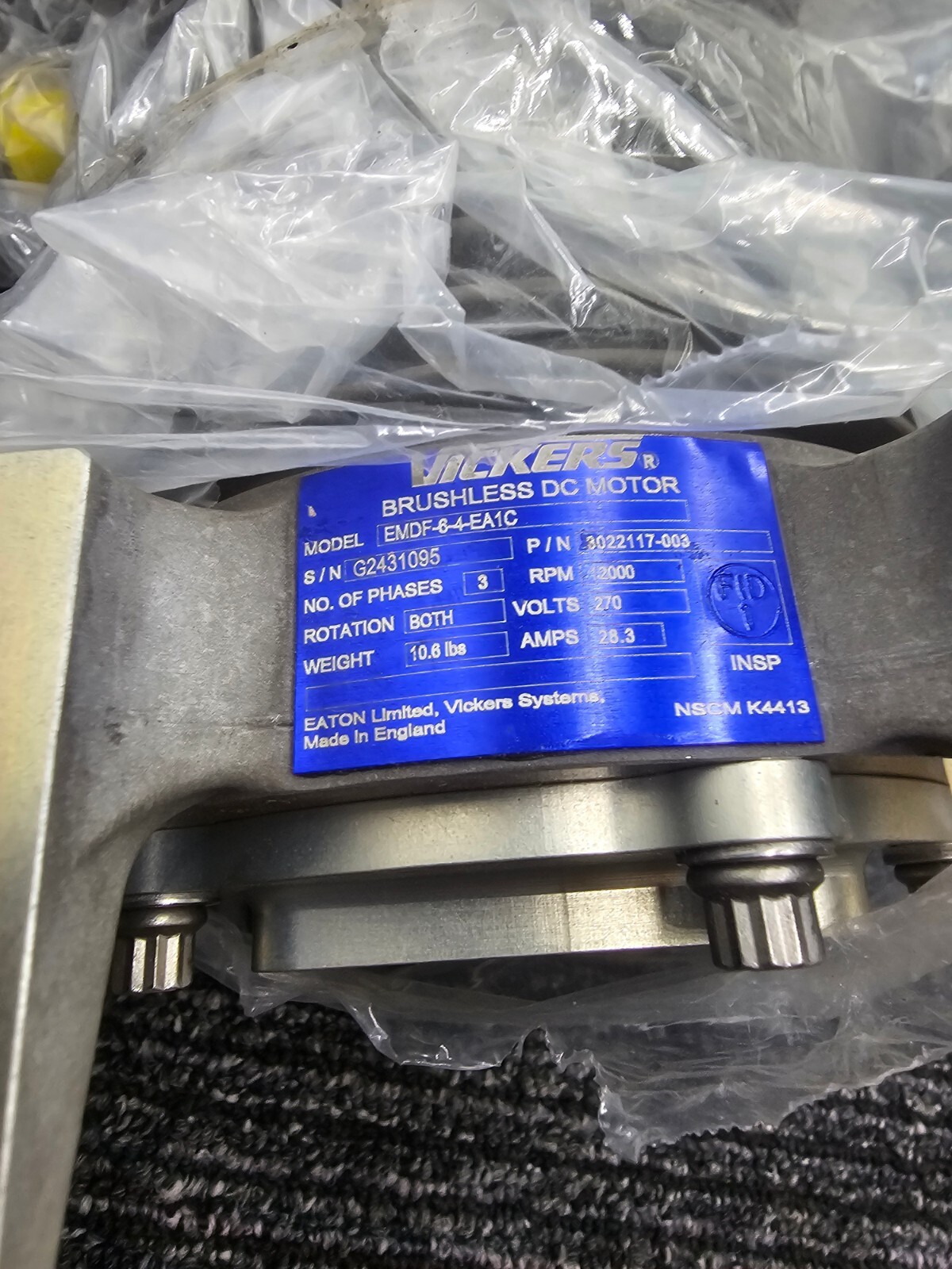 Vickers Brushless DC Motor EMDF-6-4-EA1C 3022117-003 RPM 12000 3 Phase 270V