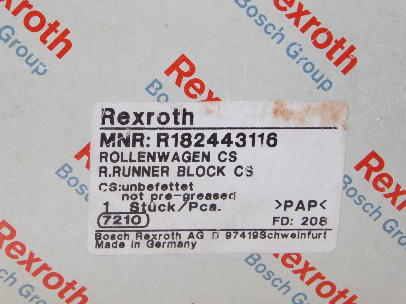 New Bosch Rexroth R182443116 Rail Linear Roller Runner Block Unit in Box Germany