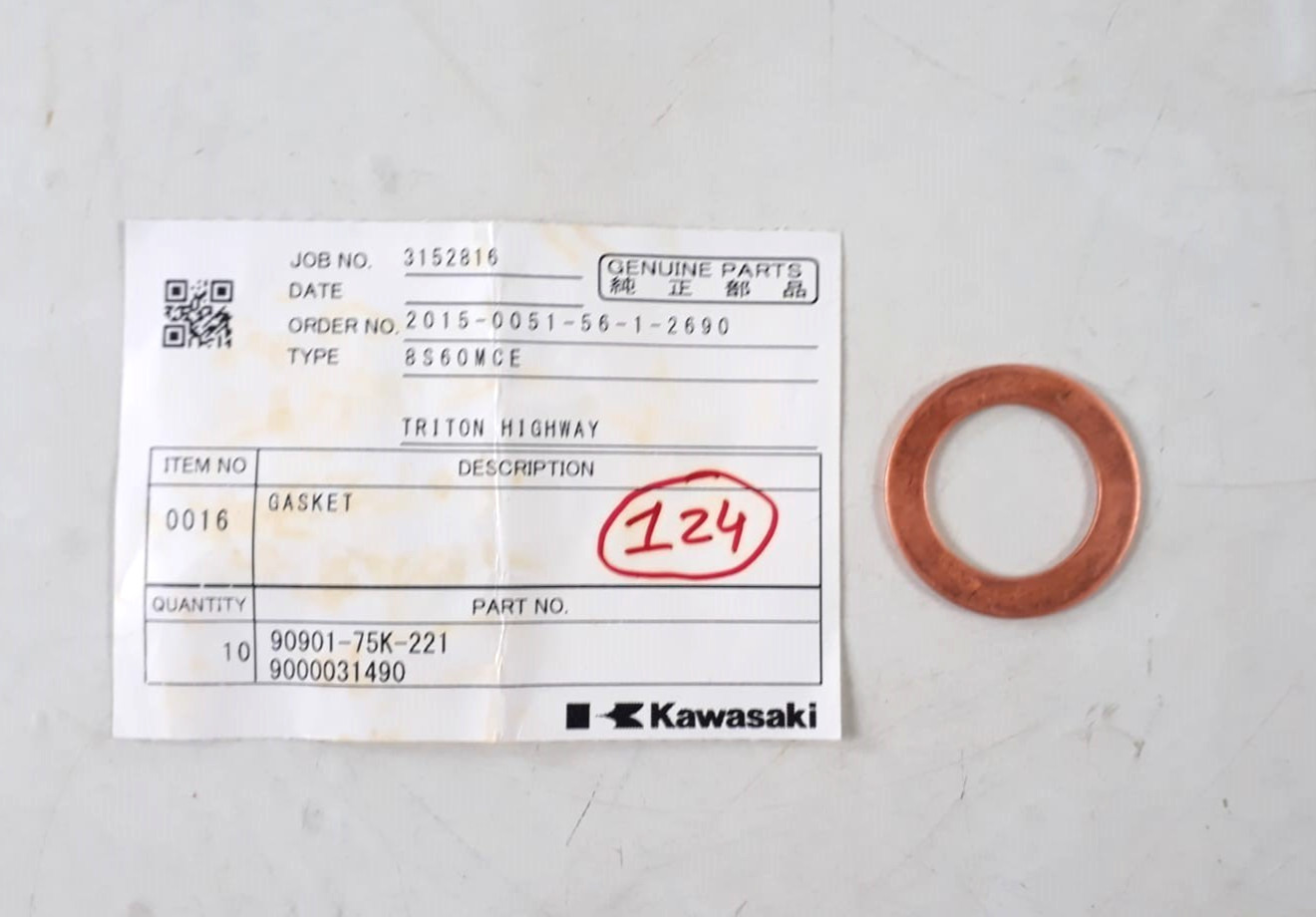 Gasket P/N 90901-75K-221 9000031490 For Kawasaki 8S60MCE Genuine Parts (PACK 9)