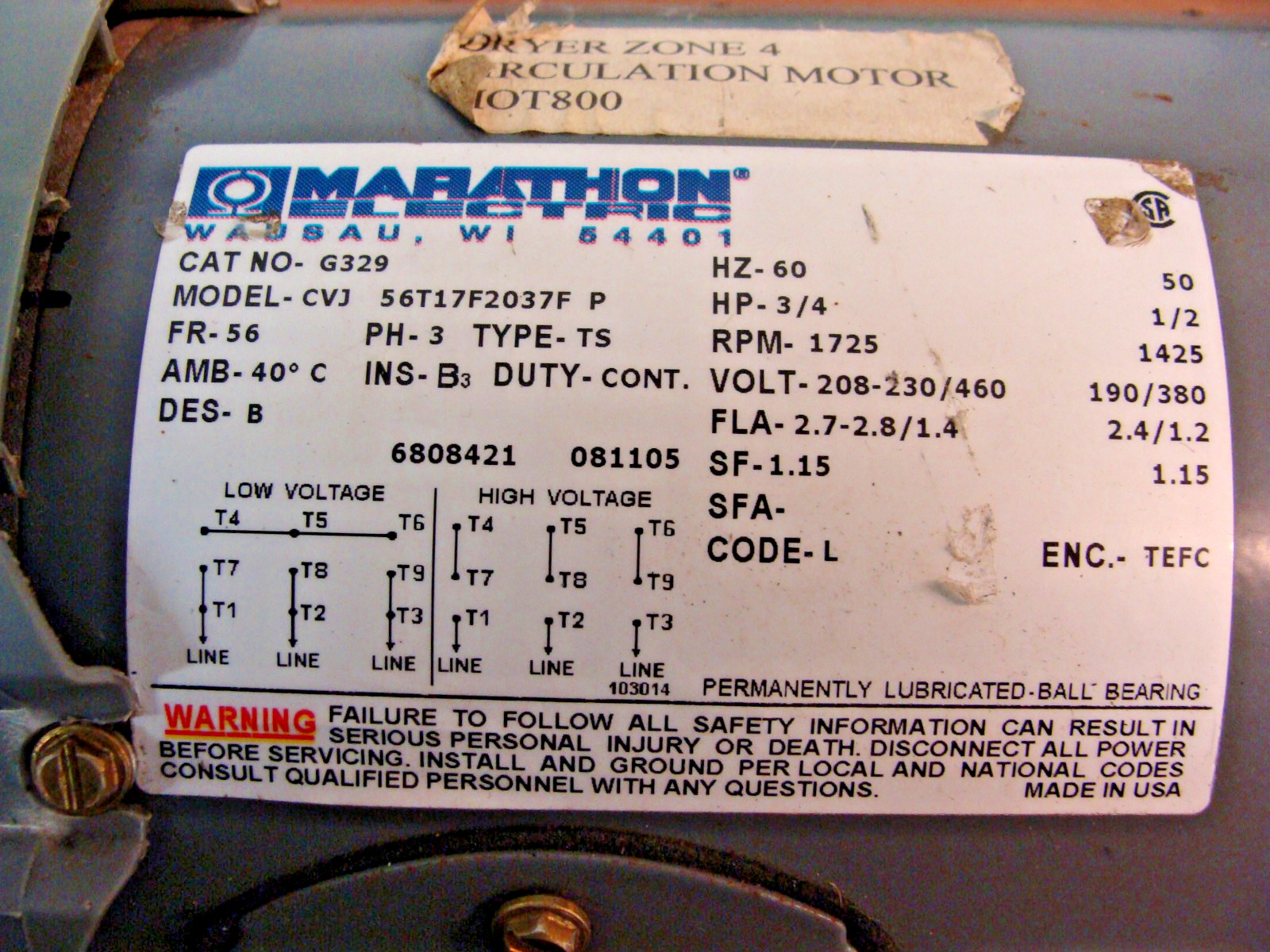 MARATHON G329 MOTOR MODEL CVJ 3/4 HP 3 PH 208-230/460V 2.7-2.8/1.4 A 1725 RPM