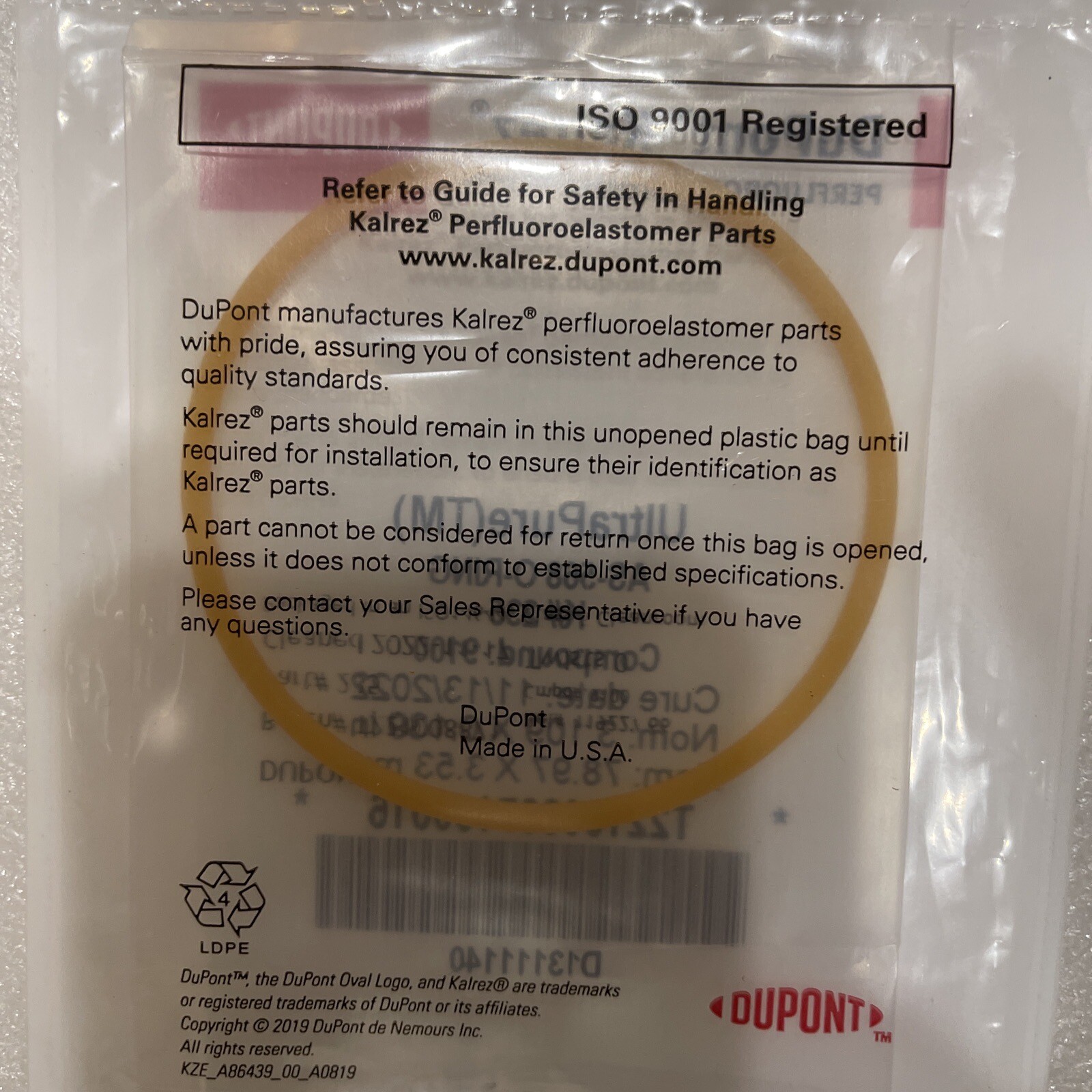 DUPONT AS-568 Oring, K#235, Compound:9001, Nom: 3.109 x .139” (78.97 x 3.35mm)