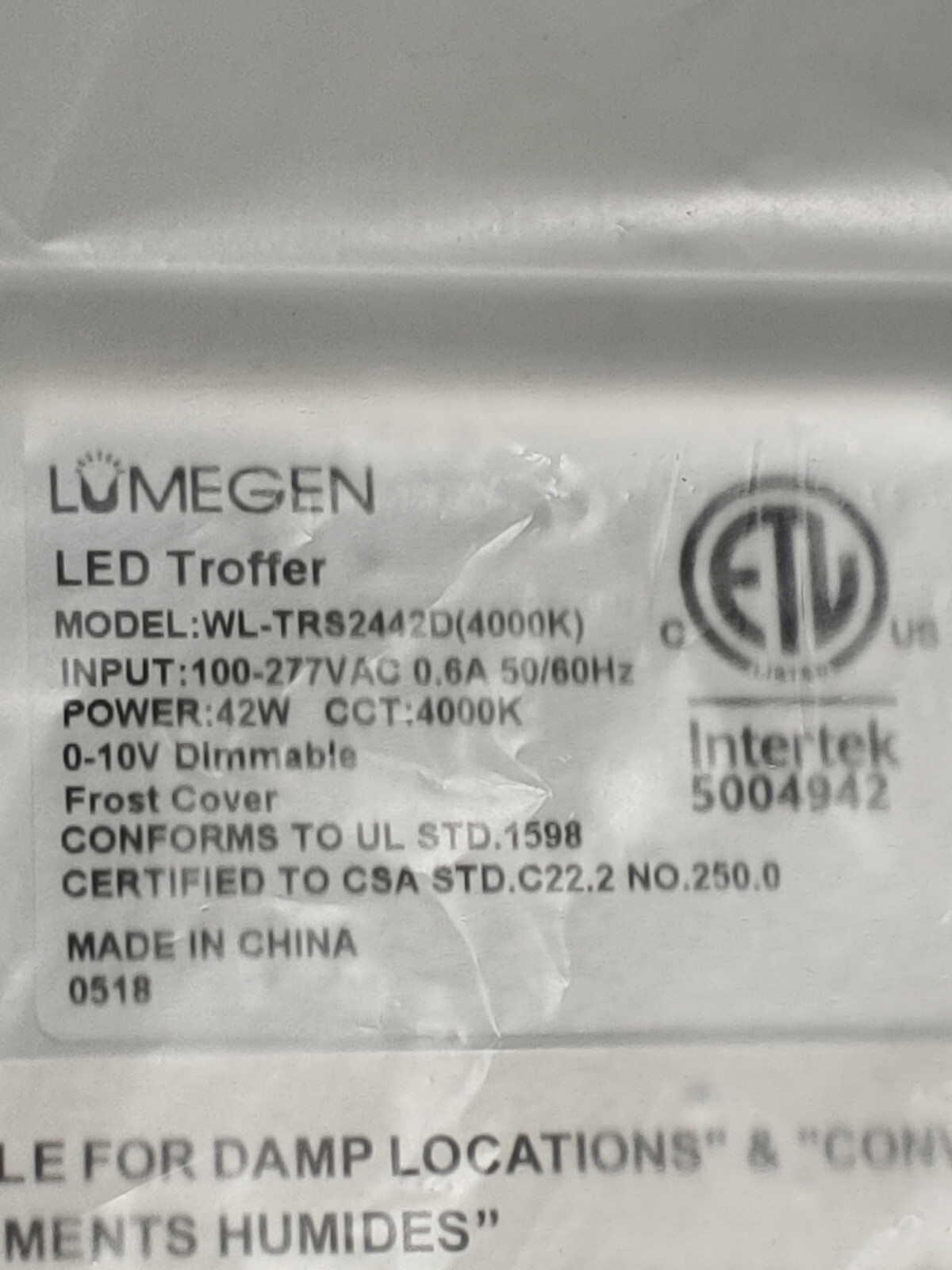 LUMEGEN 2X4 LED TROFFER 42W Dimmable WL-TRS2442D 4000K