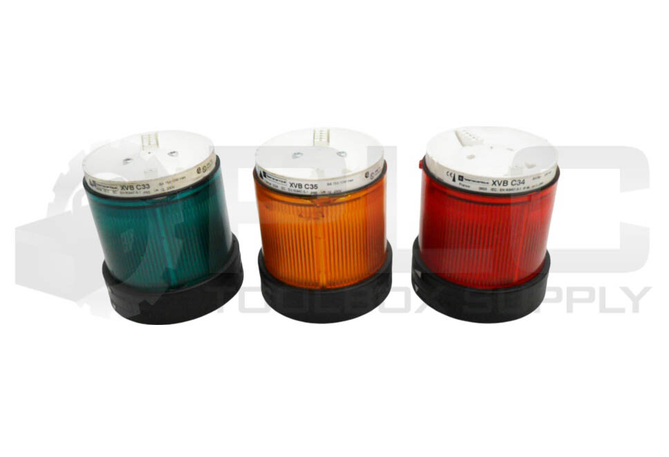 LOT OF 3 TELEMECANIQUE STACK LIGHT RED 12-230V W/ XVB C35 AMBER W/ XVB C33 GREEN