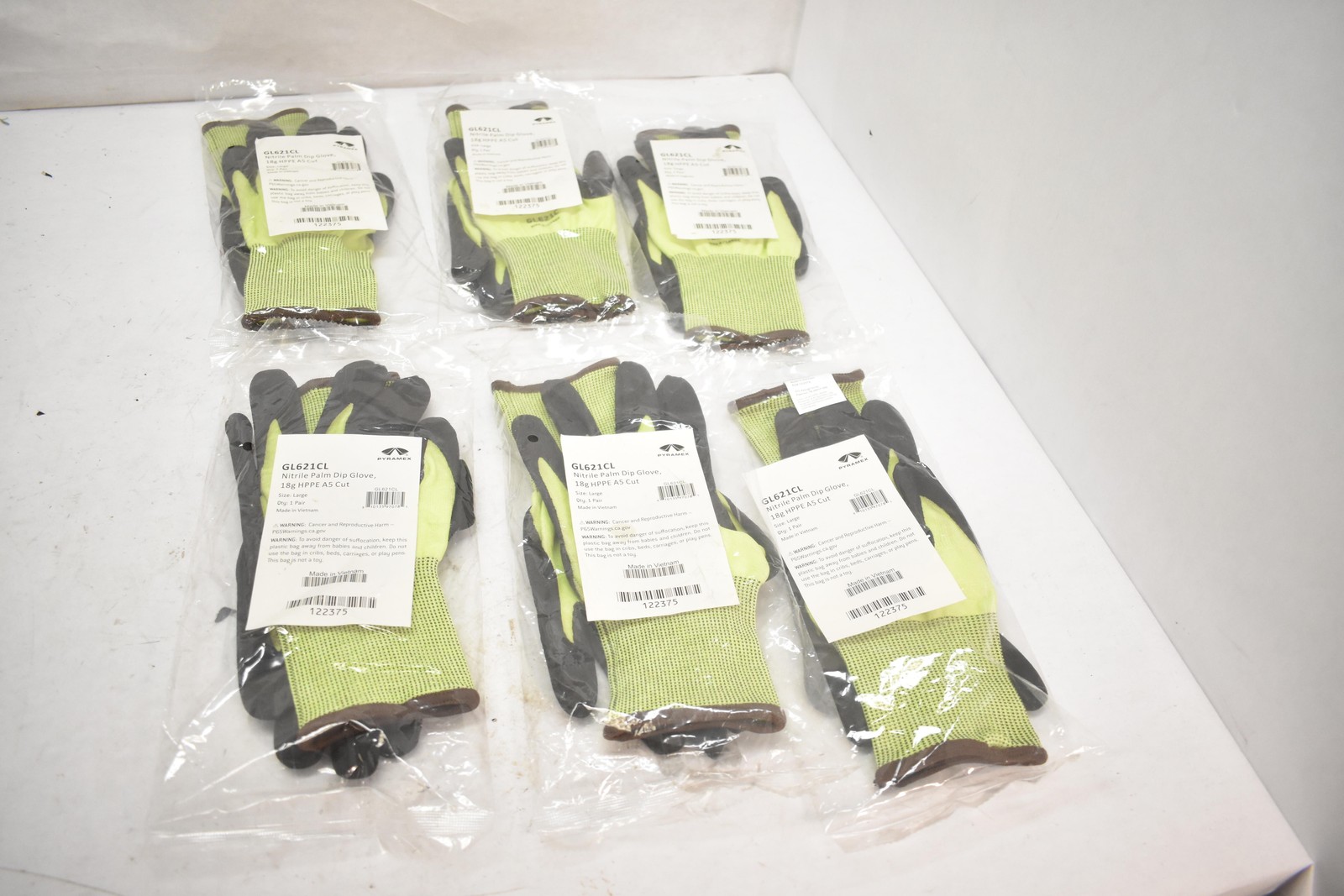 Pyramex GL621CL Nitrile Palm Dip Work Gloves Large 6 Pairs A5 Cut Hi-Vis Yellow