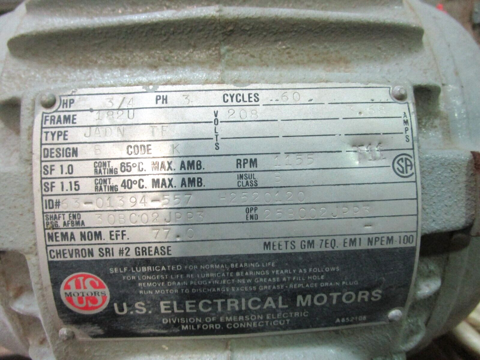 US Electrical Motors 3/4 HP 3 PH 182U Frame 208 Volts 1155 RPM 51210LR