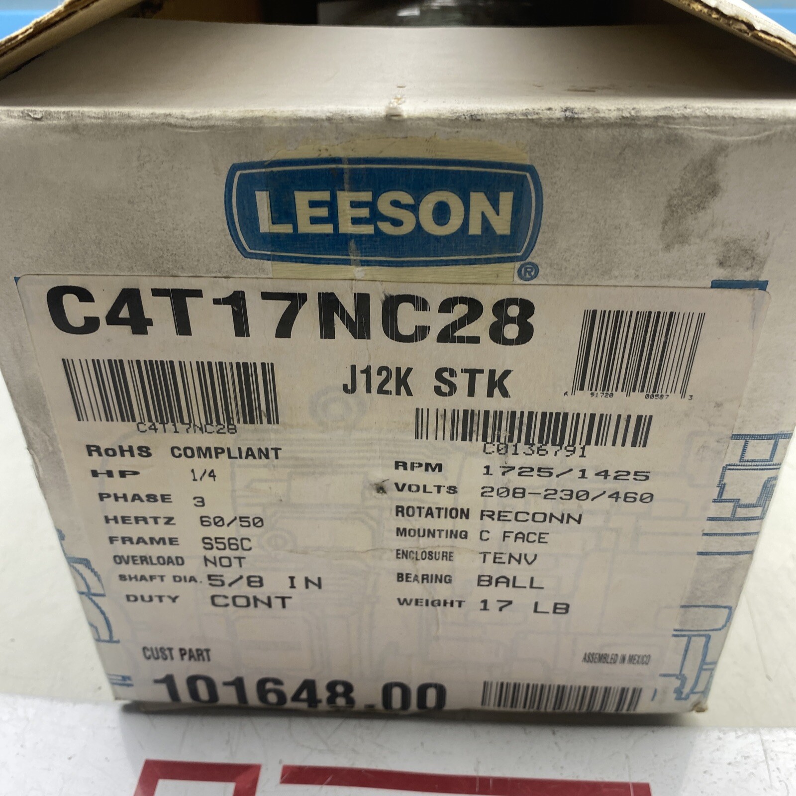 Leeson 101648.00 Motor C4T17NC28 1/4 HP 208-230/460V 1725/1425