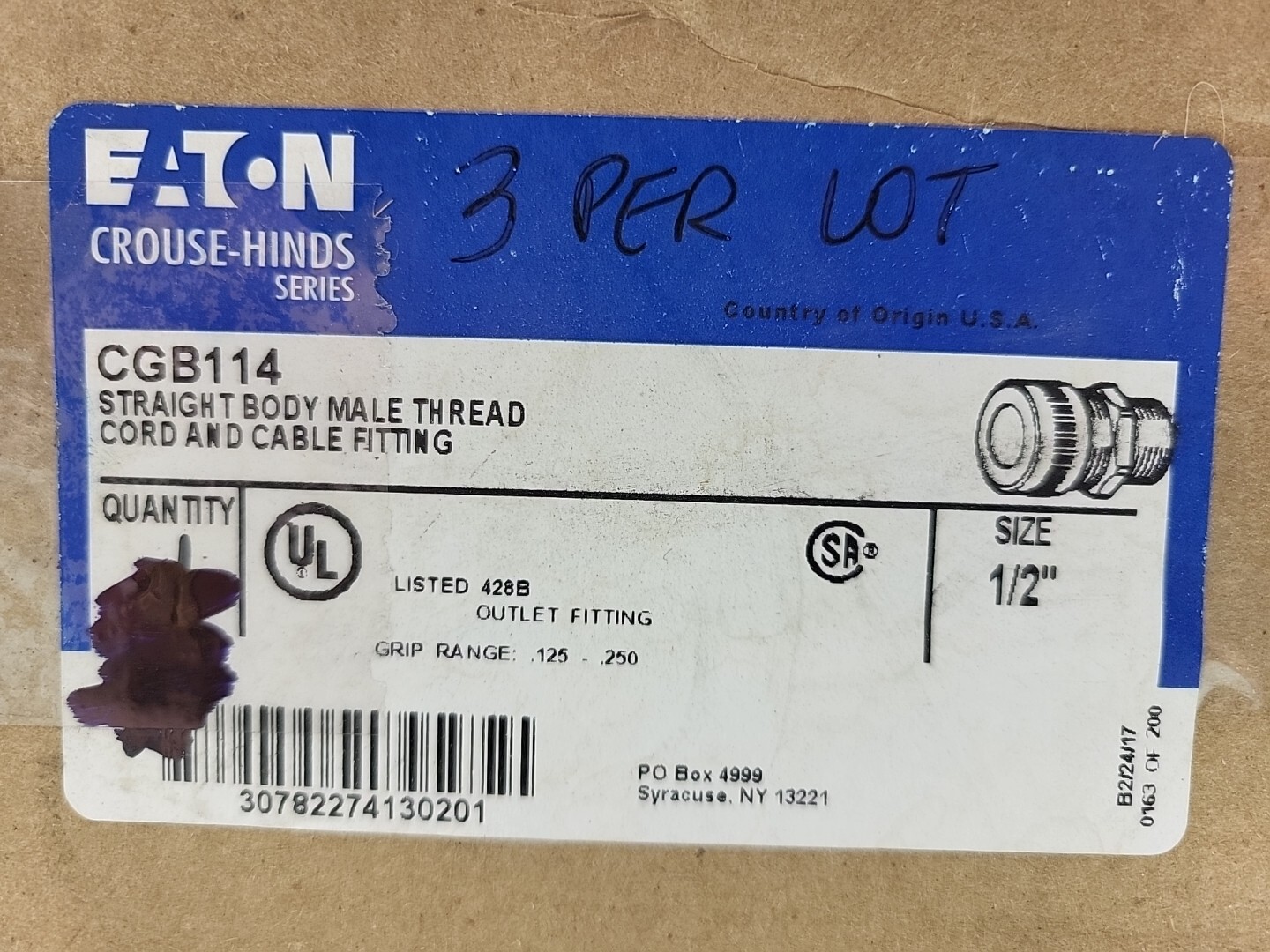 3 Pack Eaton Crouse-Hinds CGB114 Cable Gland 1/2 Male Cord/Cab Ftg Neo Bush