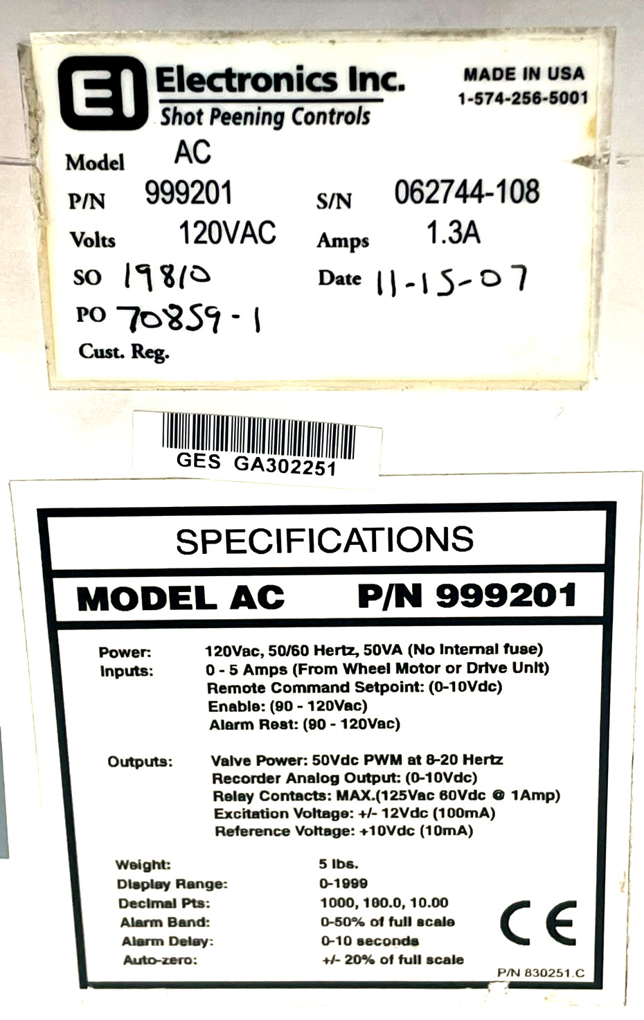 REPAIRED ELECTRONICS INC. 999201 AC CONTROLLER 120VAC 1.3A
