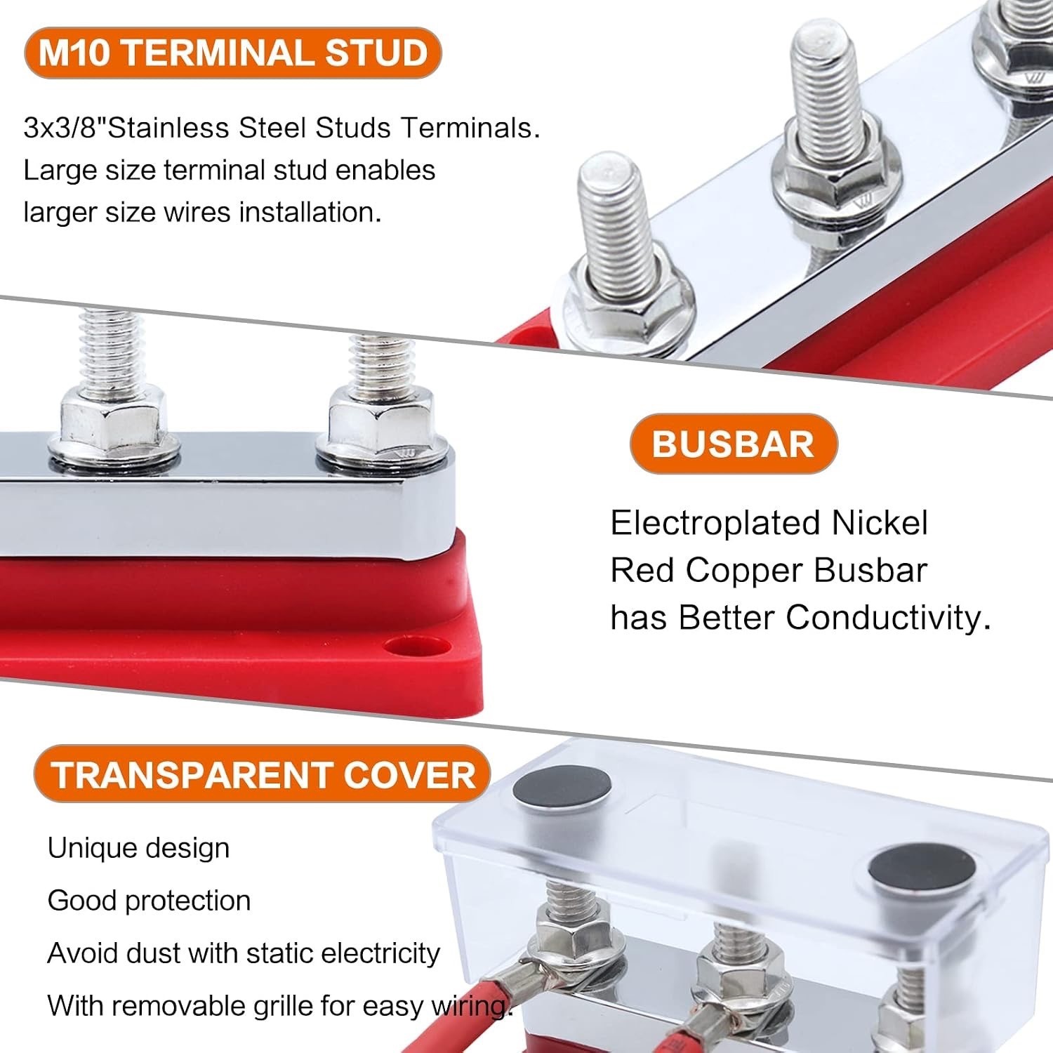 2 Pk 600A High Current Bus Bar Nickel Plated Copper 3 Studs 3/8 M10 DC 12/24/48V