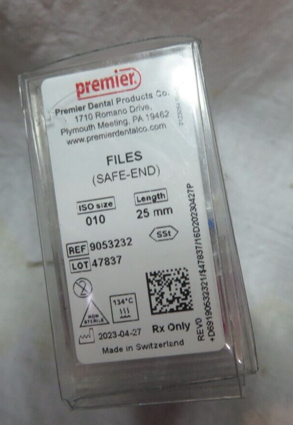 60-Pk Premier #10 25mm Safe End Tip Reamers, SS with ISO Color-coded