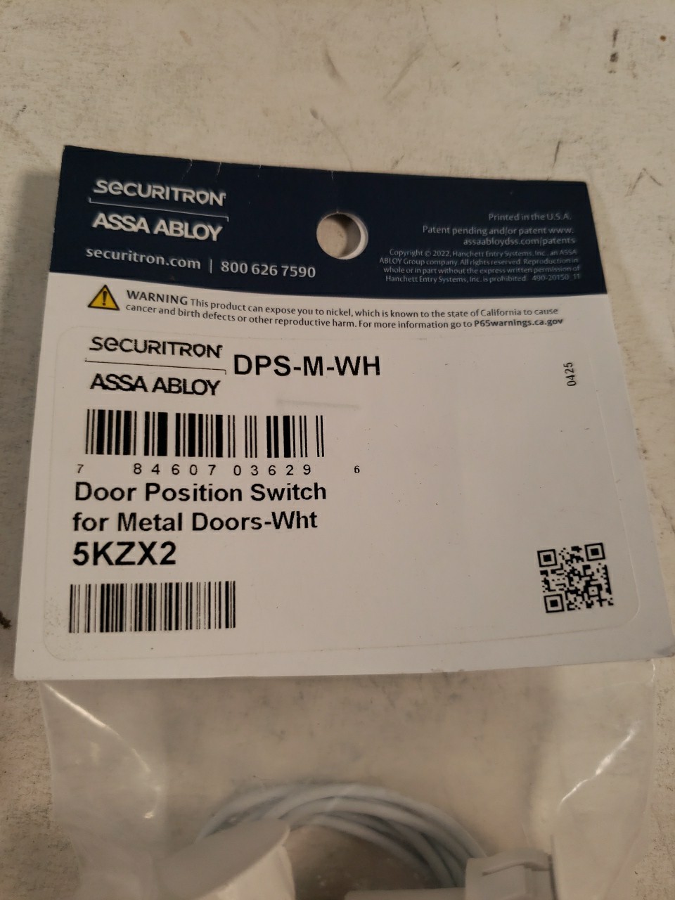 Securitron DPS-M-WH Concealed Door Position Switch For Metal Doors, White, 5KZX2