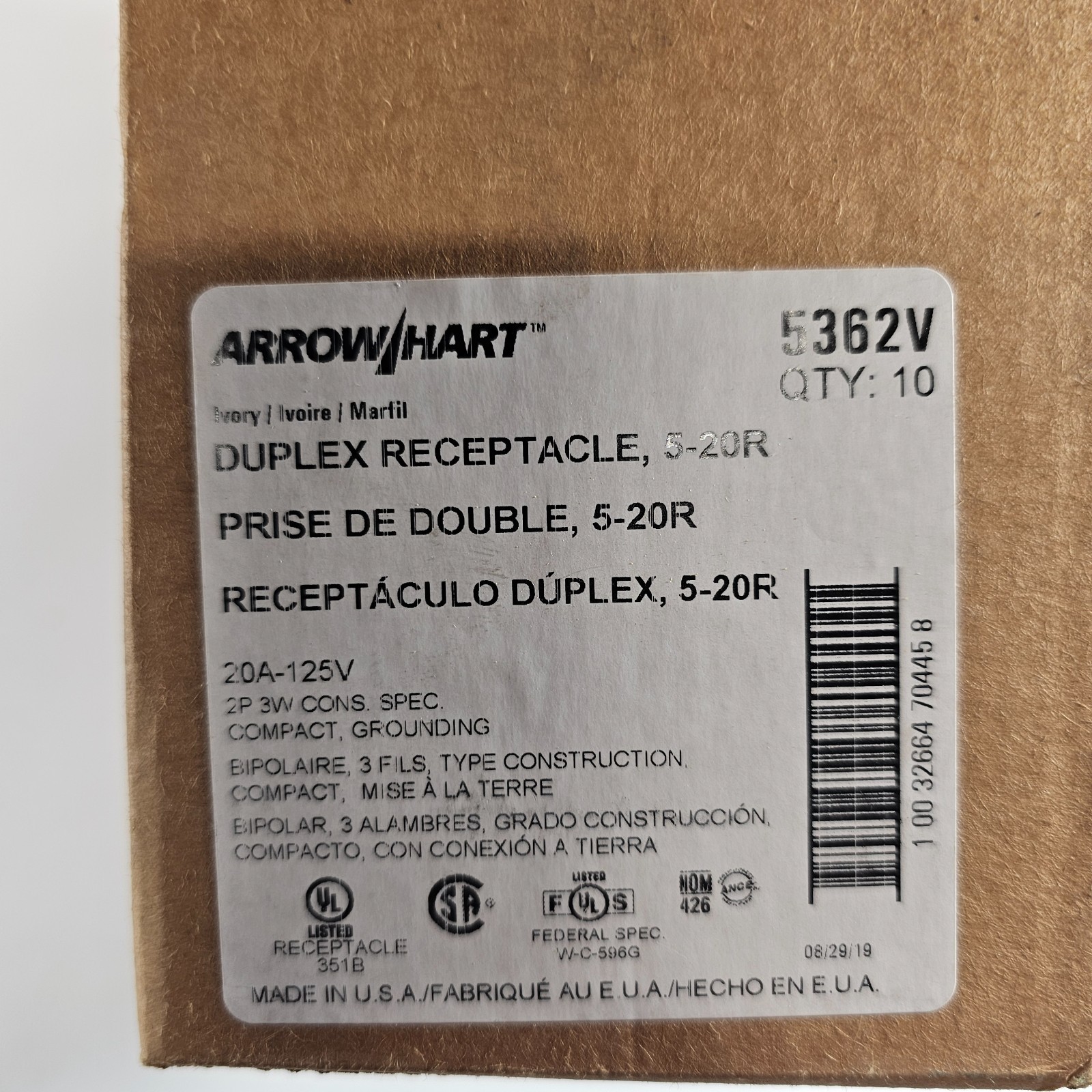 Box of 10 Arrow Hart 5362V Duplex Outlet 5-20R Spec Grade 20A 125V Ivory