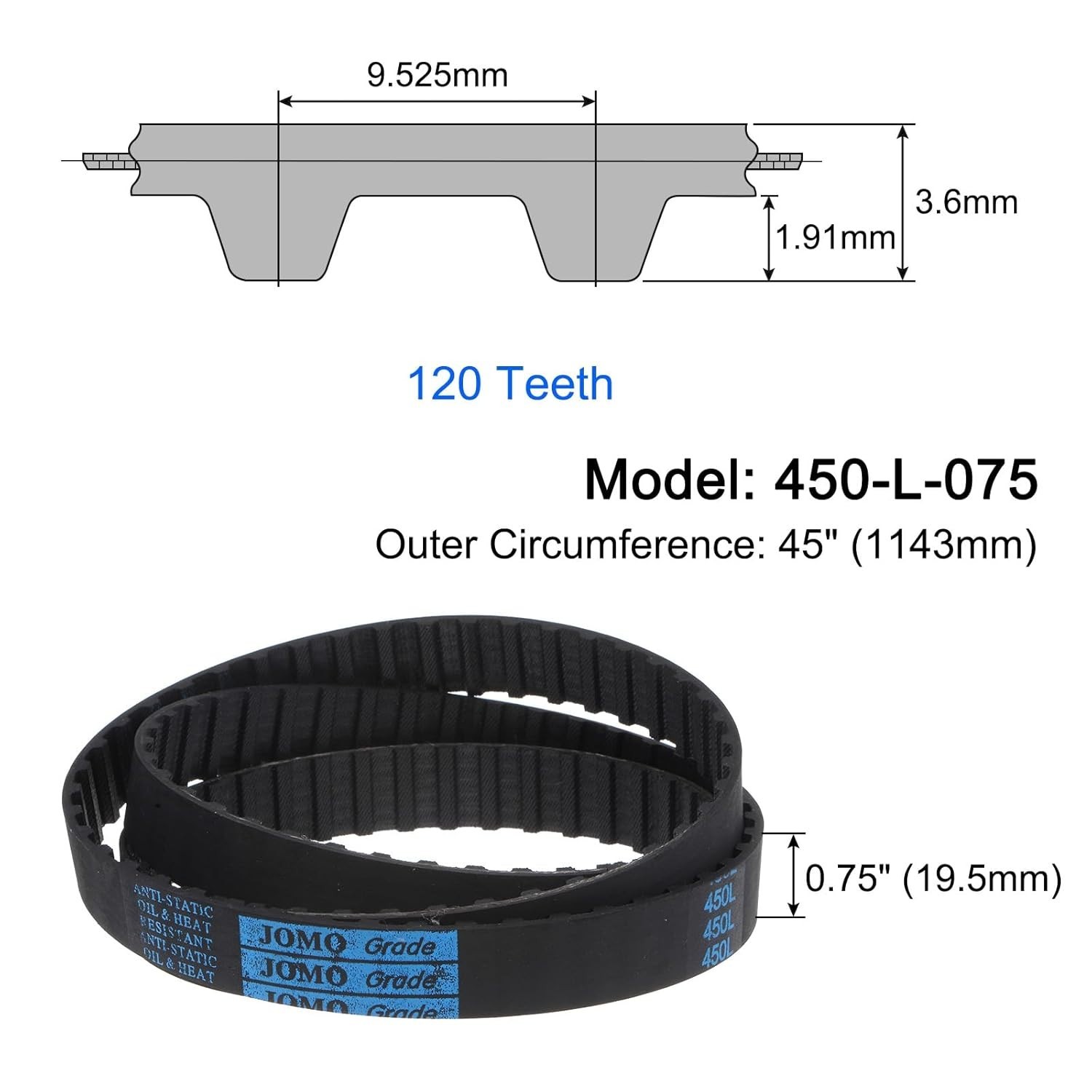 uxcell 450-L-075 L Timing Belt 45″ Outside Circumference x 0.75″ Width x 0.18″ H