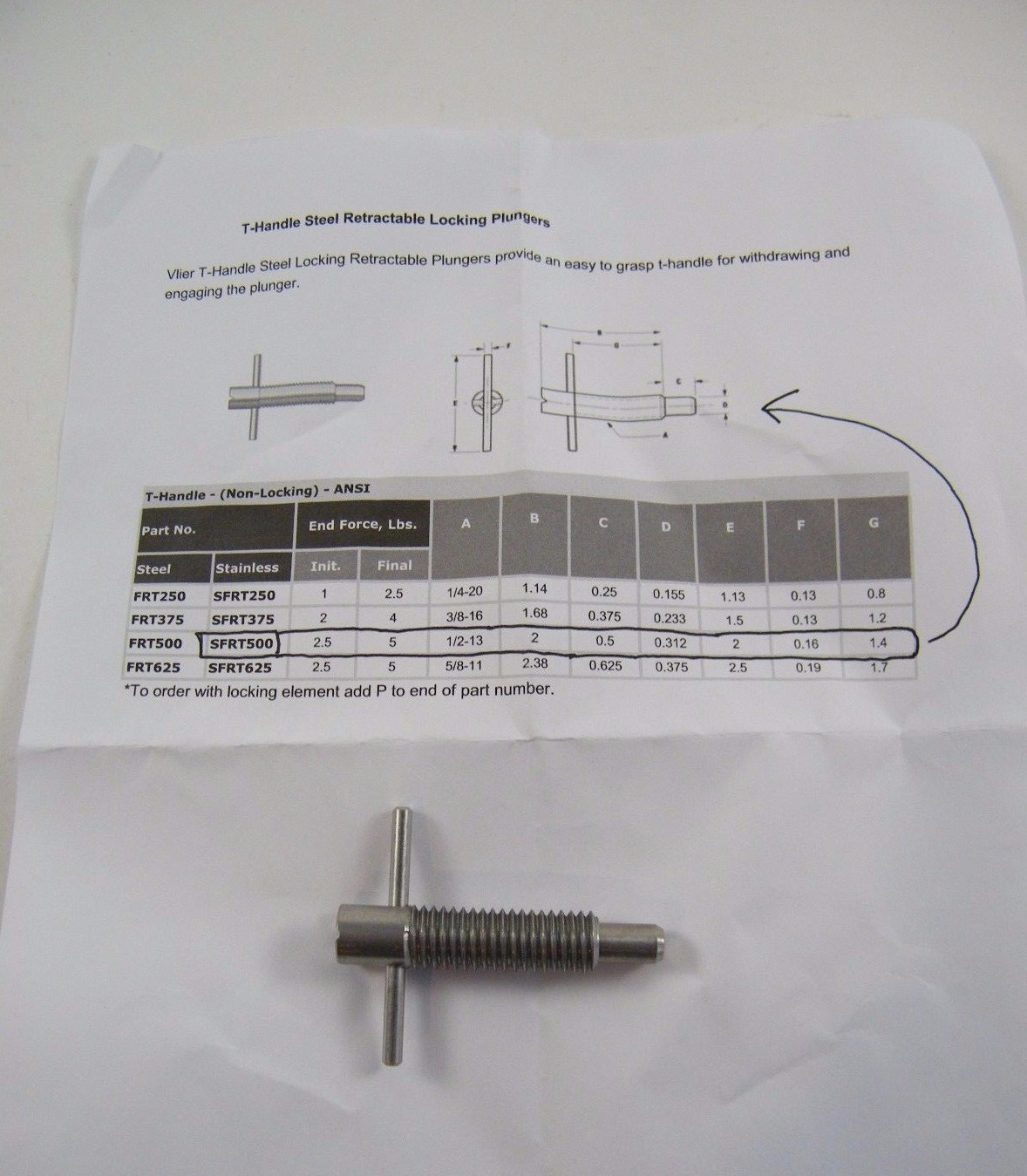 (1) RETRAC T-HANDLE PLUNGER, SFRT500, STAINLESS, 1/2-13X2″, NEW