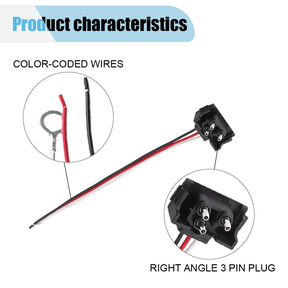 4PCS 3 Pin Truck Trailer Light Connector, 3 Prong 9.65 inch, Black+Red+White