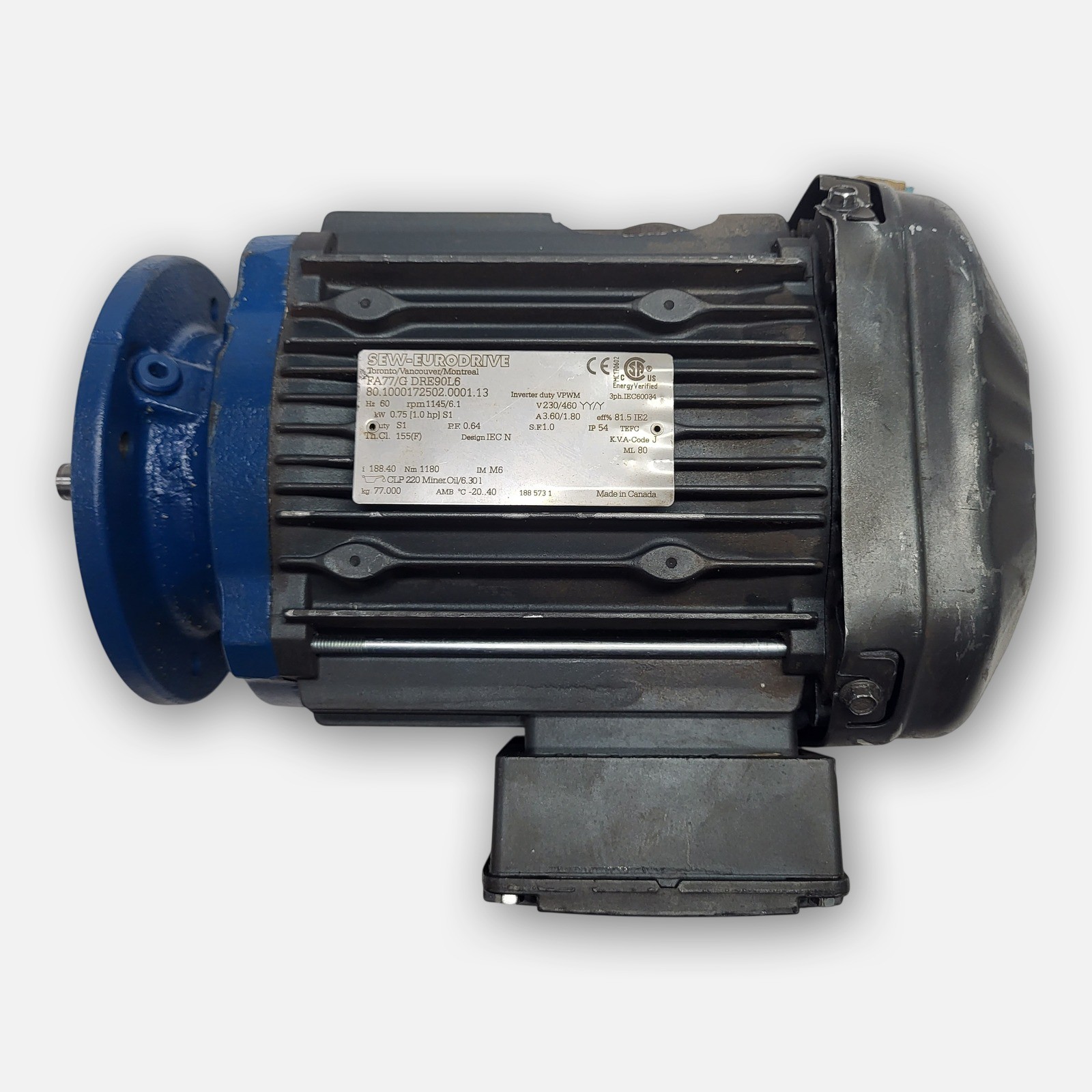 SEW EURODRIVE FA77/GDRE90L6 GEAR MOTOR 1HP 0.75kW 1180RPM RATIO: 188.40